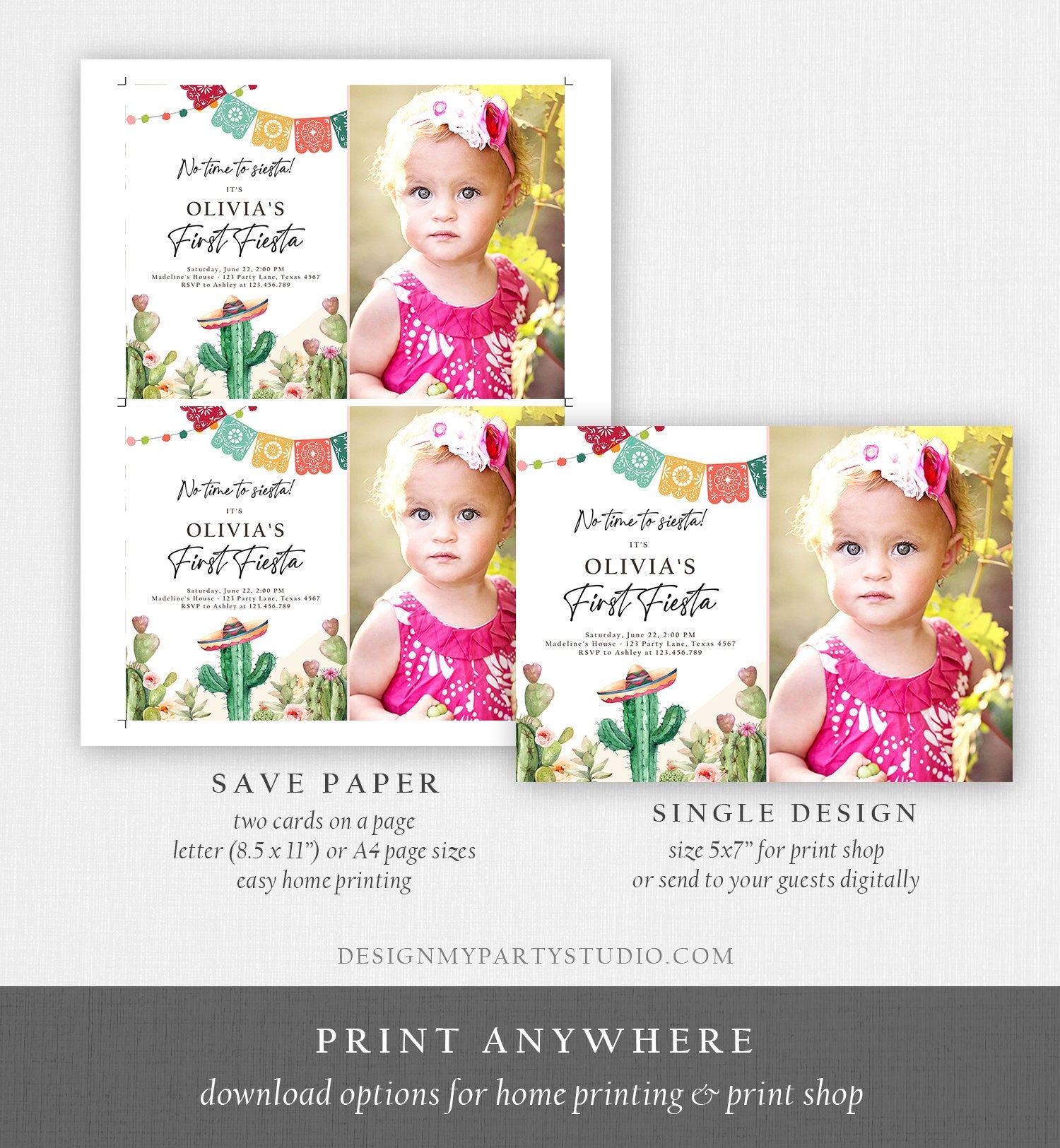 Editable Fiesta Invitation First Fiesta Birthday Mexican Cactus Succulent Desert Floral Girl Digital Download Evite Template Printable 0404