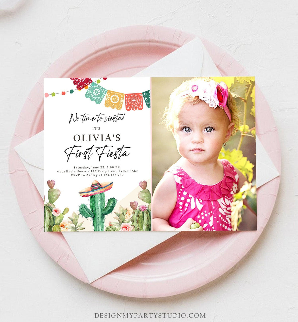 Editable Fiesta Invitation First Fiesta Birthday Mexican Cactus Succulent Desert Floral Girl Digital Download Evite Template Printable 0404