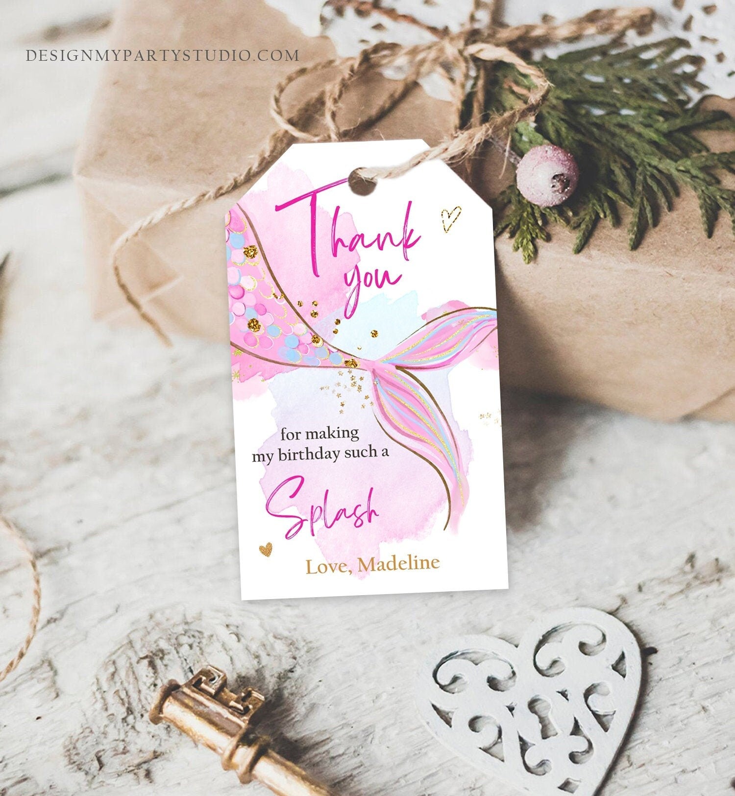 Editable Mermaid Birthday Favor Tags Under The Sea Thank you tags Mermaid Party Girl Blush Pink Gold Download Template Corjl PRINTABLE 0403