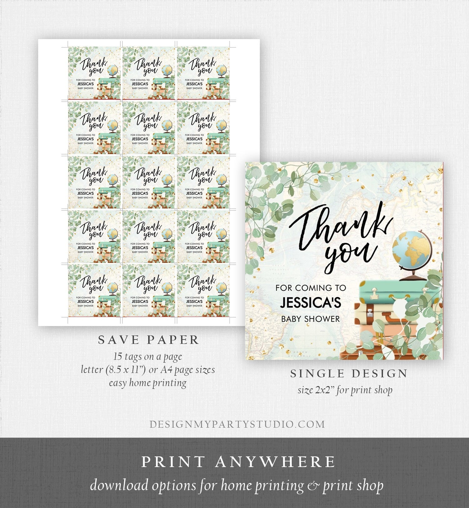 Editable Travel Thank You Tag Eucalyptus Greenery Baby Shower Bridal Shower Favor Adventure Round Stickers Corjl Template Printable 0030