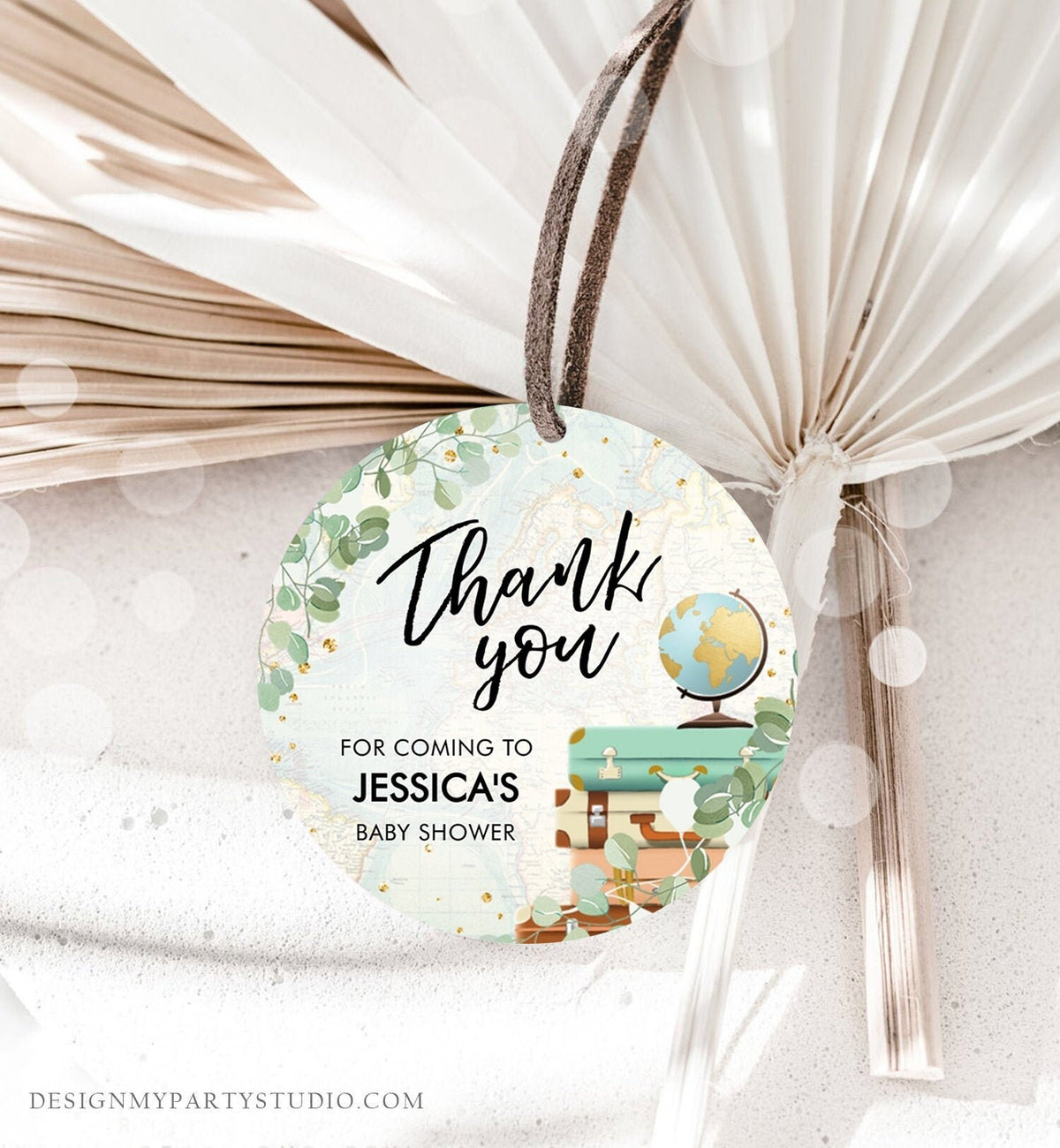 Editable Travel Thank You Tag Eucalyptus Greenery Baby Shower Bridal Shower Favor Adventure Round Stickers Corjl Template Printable 0030