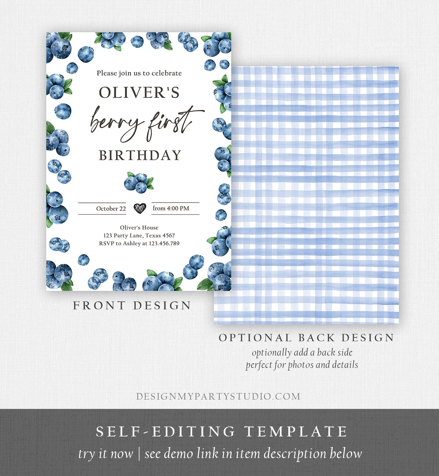 Editable Blueberry Birthday Invitation First Birthday Berry Sweet Boy Cute Blueberries 1st Download Printable Template Corjl Digital 0399