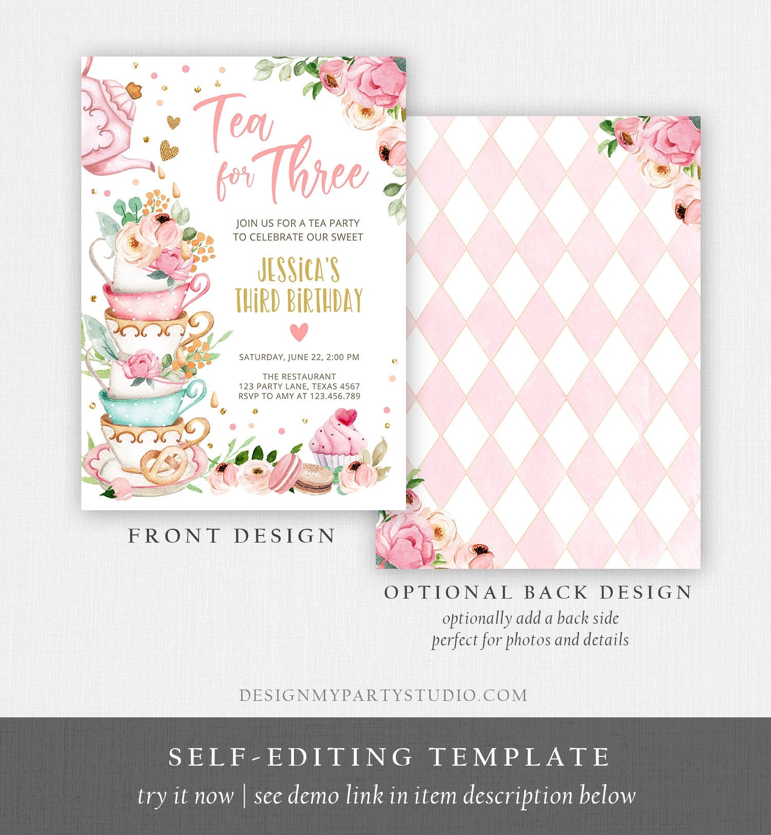 Editable Tea for Three Birthday Invitation Girl Tea Party Invite Pink Gold Floral Peach Third Birthday 3rd Corjl Template Printable 0349