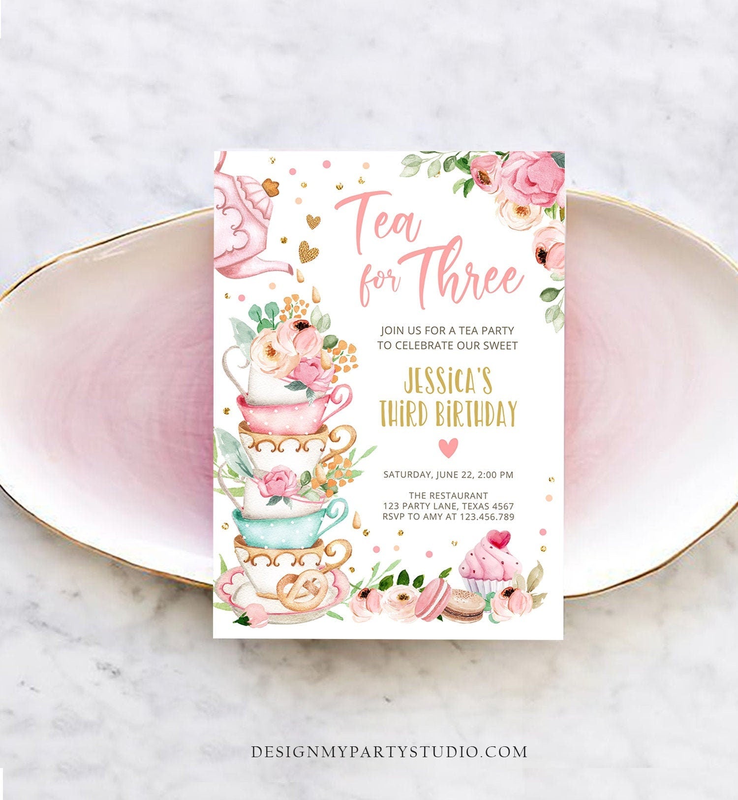 Editable Tea for Three Birthday Invitation Girl Tea Party Invite Pink Gold Floral Peach Third Birthday 3rd Corjl Template Printable 0349