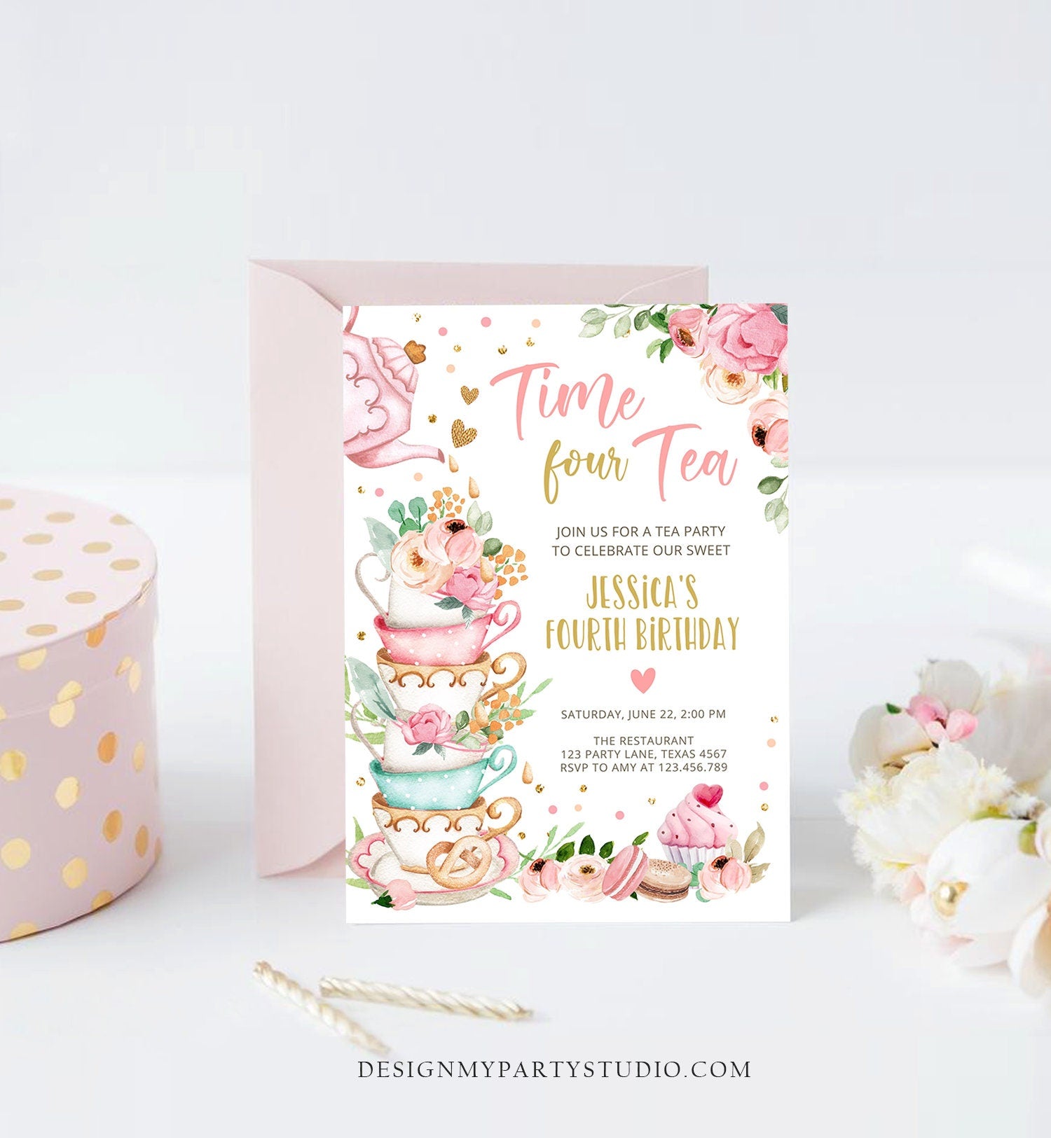 Editable Time Four Tea Birthday Invitation Girl Tea Party Invite Pink Gold Floral Peach Fourth Birthday 4th Corjl Template Printable 0349