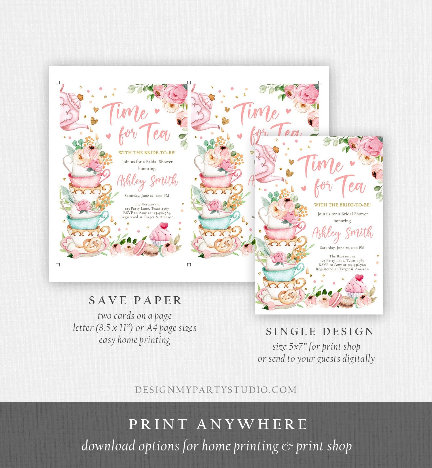 Editable Time For Tea Bridal Shower Invitation Tea Party Wedding Shower Floral Pink Gold Blush Love is Brewing Corjl Template Printable 0349