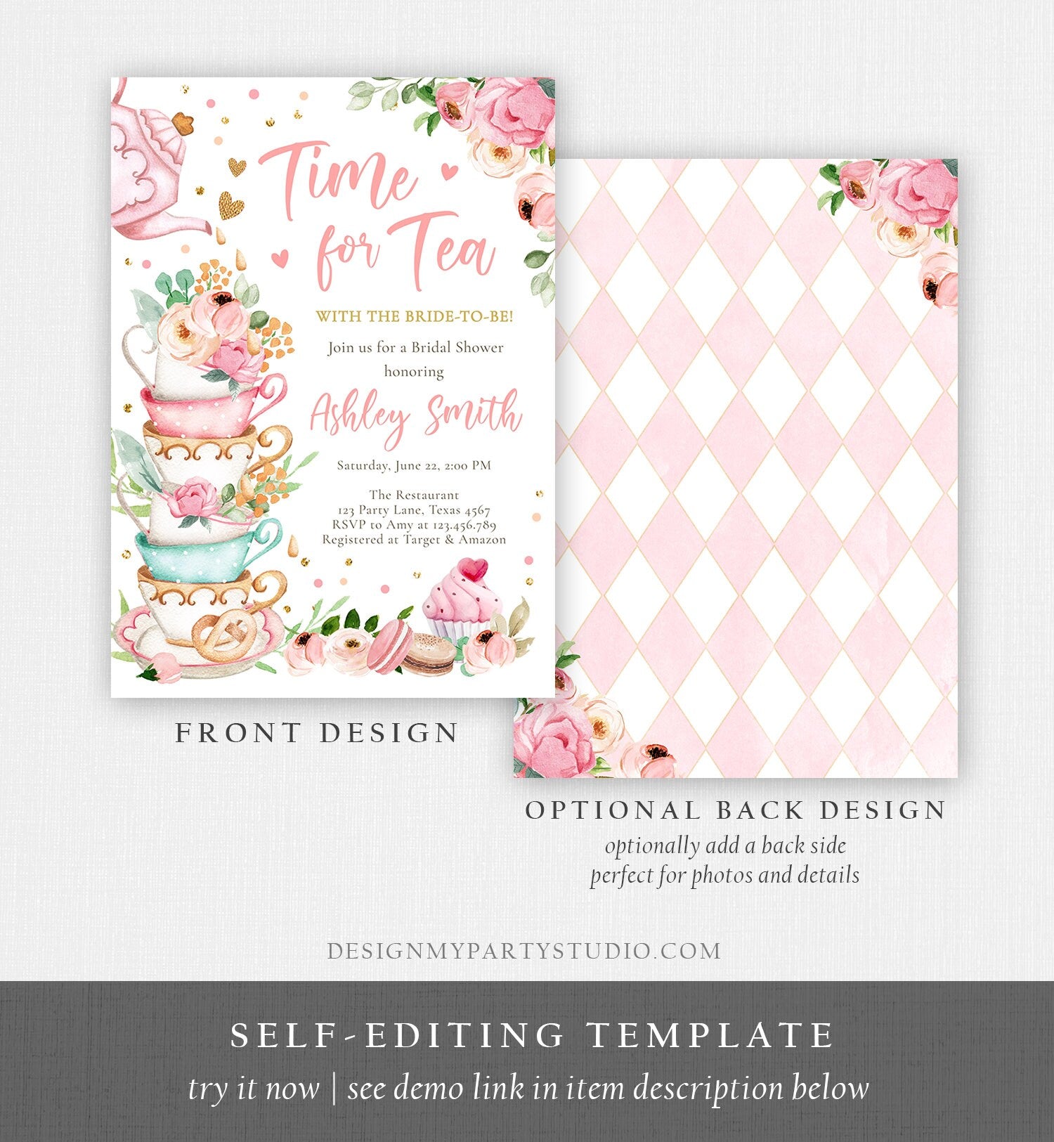 Editable Time For Tea Bridal Shower Invitation Tea Party Wedding Shower Floral Pink Gold Blush Love is Brewing Corjl Template Printable 0349