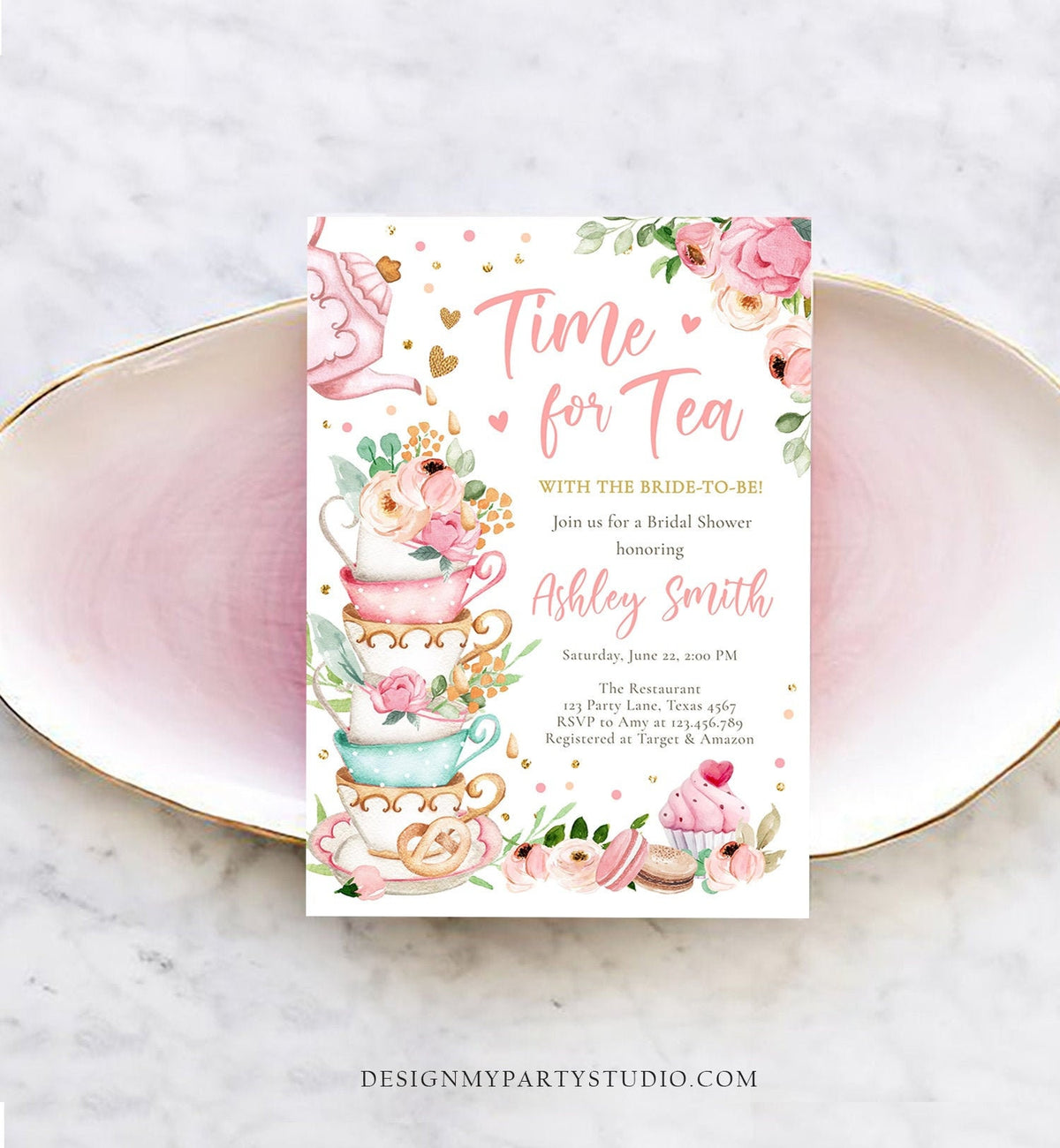 Editable Time For Tea Bridal Shower Invitation Tea Party Wedding Shower Floral Pink Gold Blush Love is Brewing Corjl Template Printable 0349