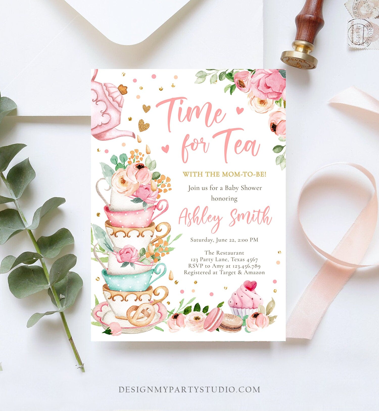 Editable Time For Tea Baby Shower Invitation Tea Party Sprinkle Shower Floral Pink Gold Blush Baby is Brewing Corjl Template Printable 0349