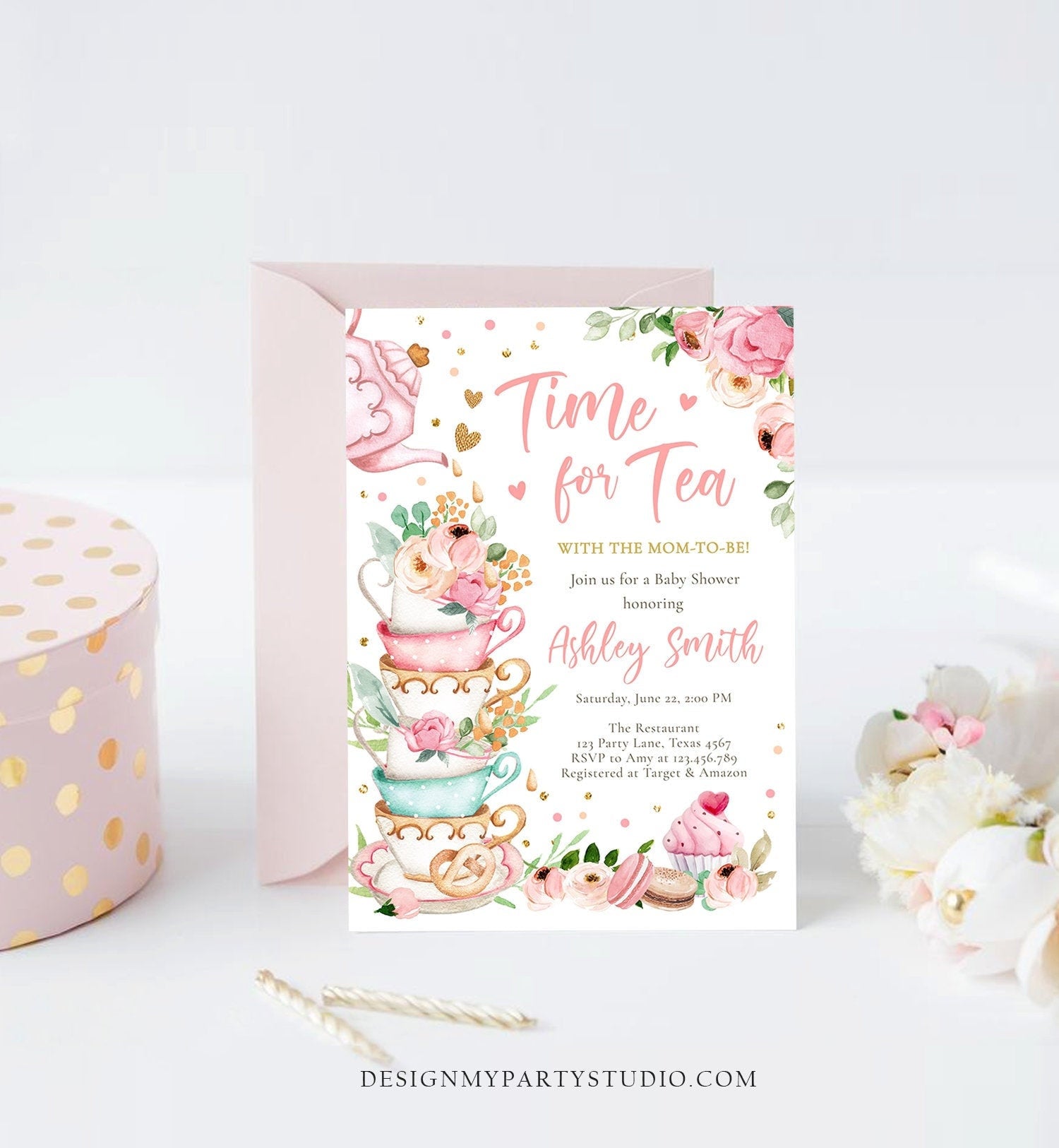 Editable Time For Tea Baby Shower Invitation Tea Party Sprinkle Shower Floral Pink Gold Blush Baby is Brewing Corjl Template Printable 0349