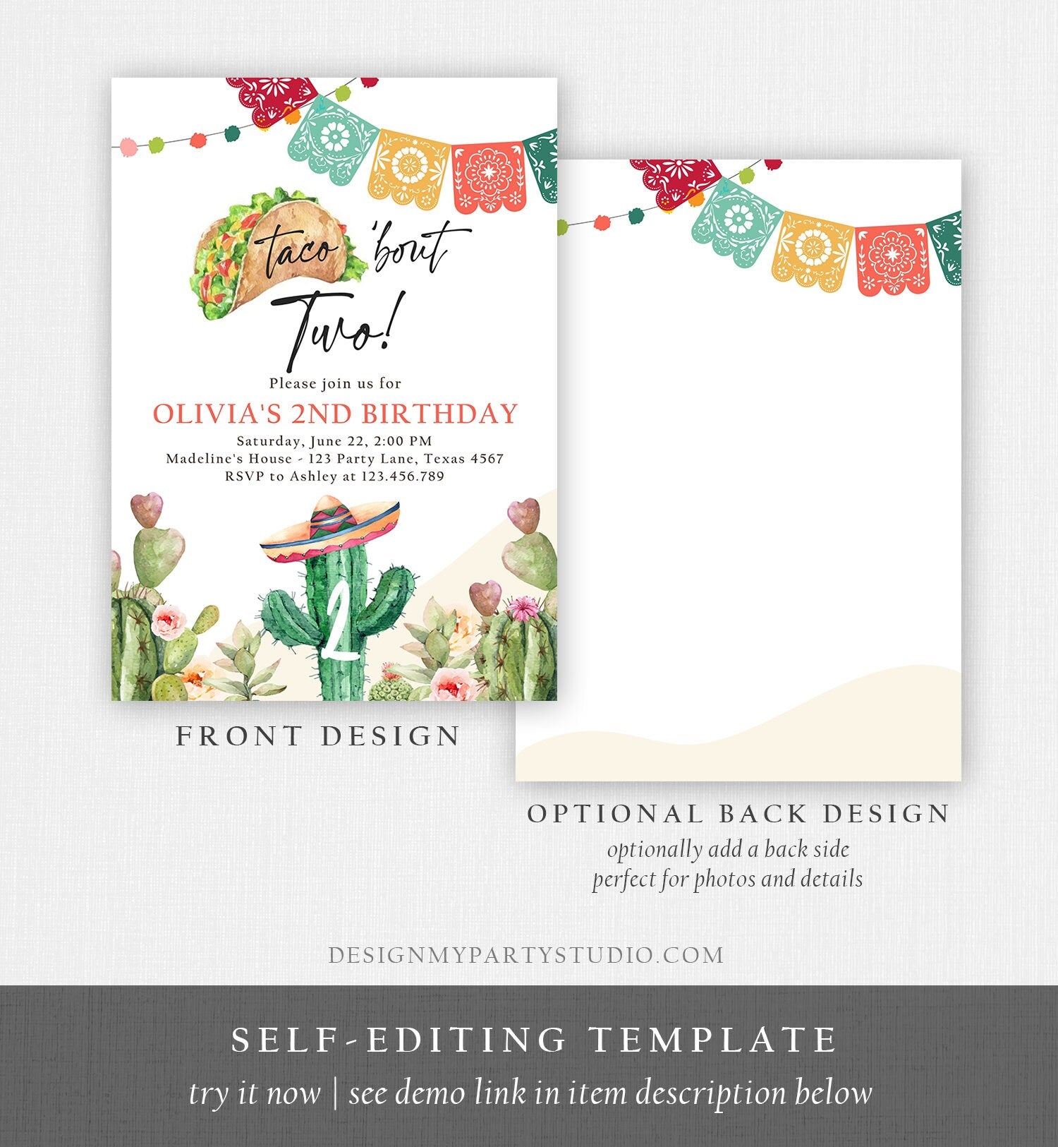 Editable Taco Bout Two Birthday Invitation ANY AGE Girl Boy Cactus Fiesta Mexican Second Birthday Download Printable Corjl Template 0404