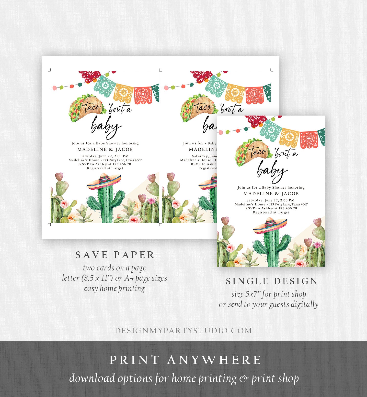 Editable Taco Bout a Baby Shower Invitation Cactus Mexican Fiesta Baby Shower Desert Floral Digital Download Evite Template Printable 0404