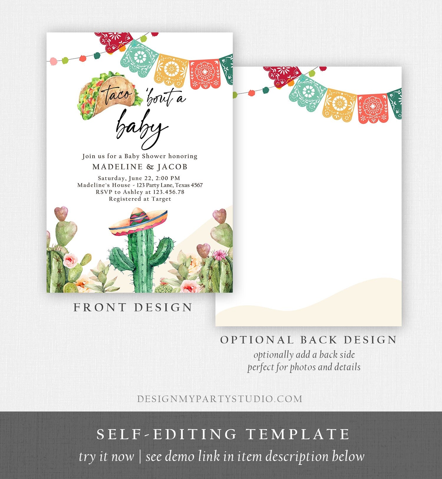 Editable Taco Bout a Baby Shower Invitation Cactus Mexican Fiesta Baby Shower Desert Floral Digital Download Evite Template Printable 0404