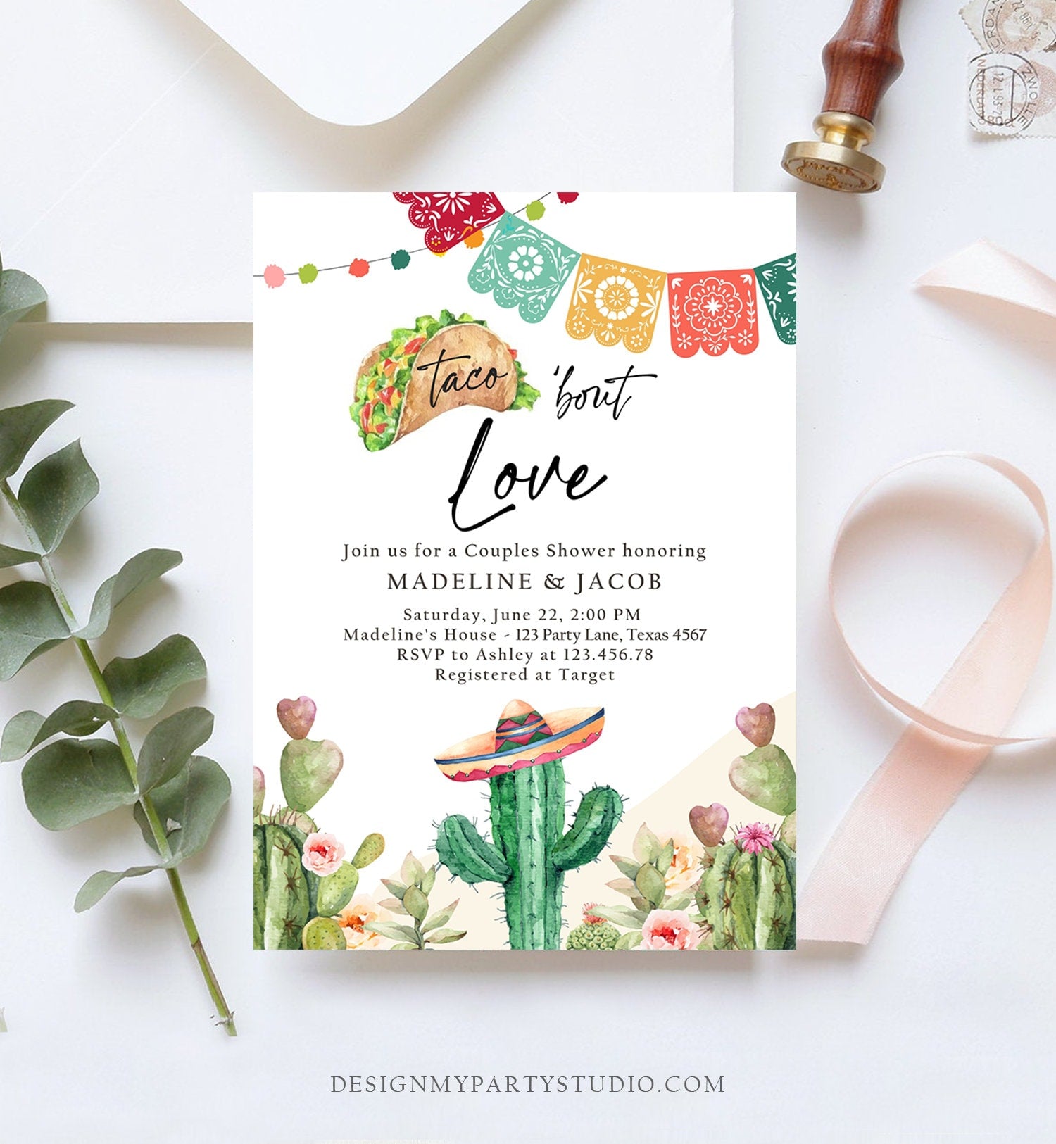 Editable Taco Bout Love Couples Shower Invitation Fiesta Cactus Succulent Mexican Desert Digital Download Evite Template Printable 0404