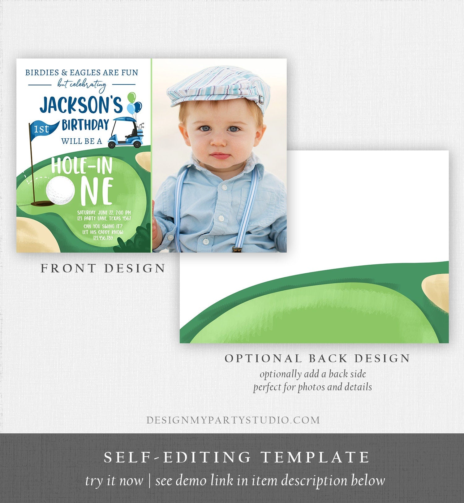 Editable Hole in One Birthday Invitation Golf First Birthday Par-tee Golf Invite Boy Golfing Download Printable Template Digital Corjl 0405