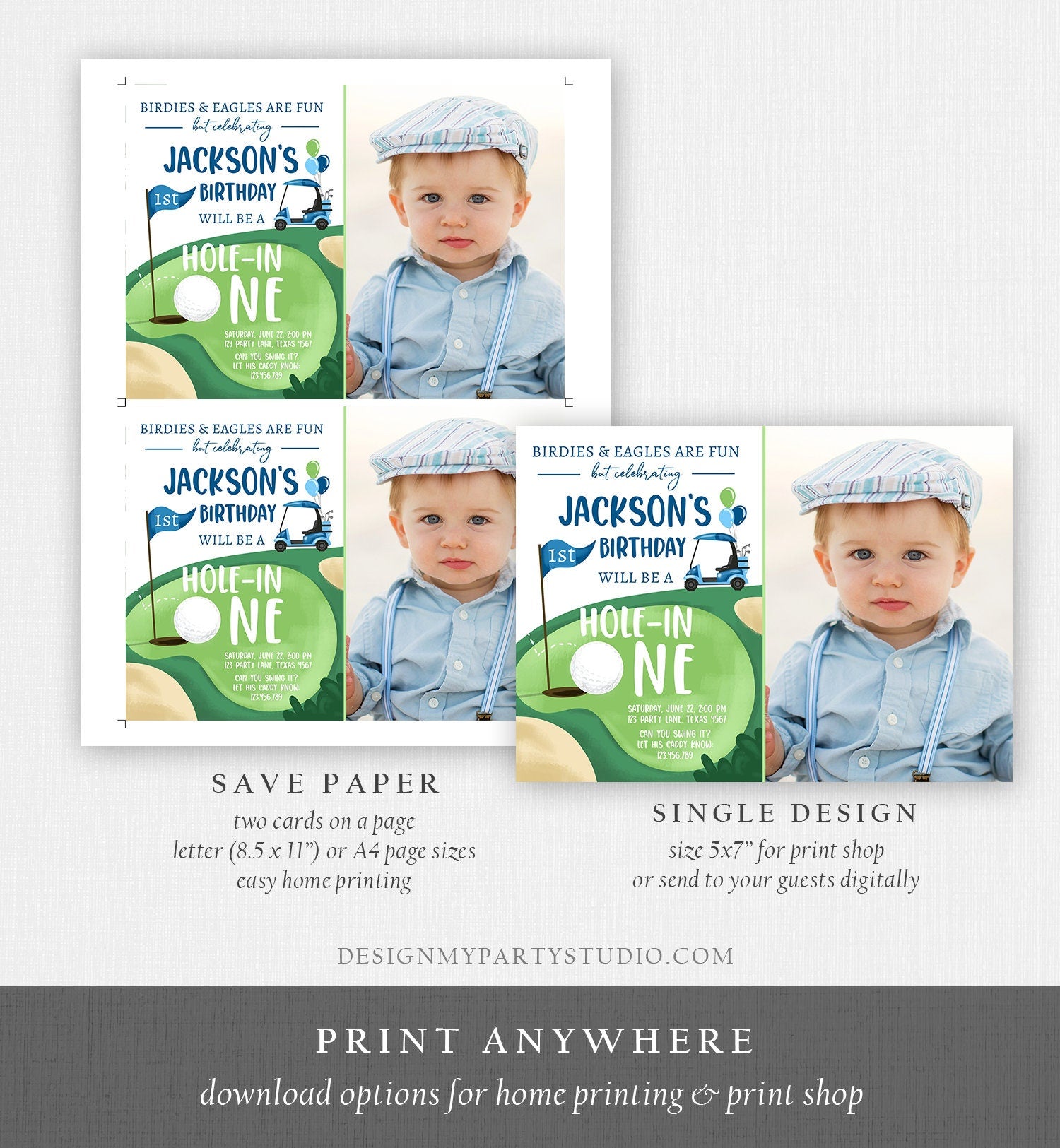 Editable Hole in One Birthday Invitation Golf First Birthday Par-tee Golf Invite Boy Golfing Download Printable Template Digital Corjl 0405