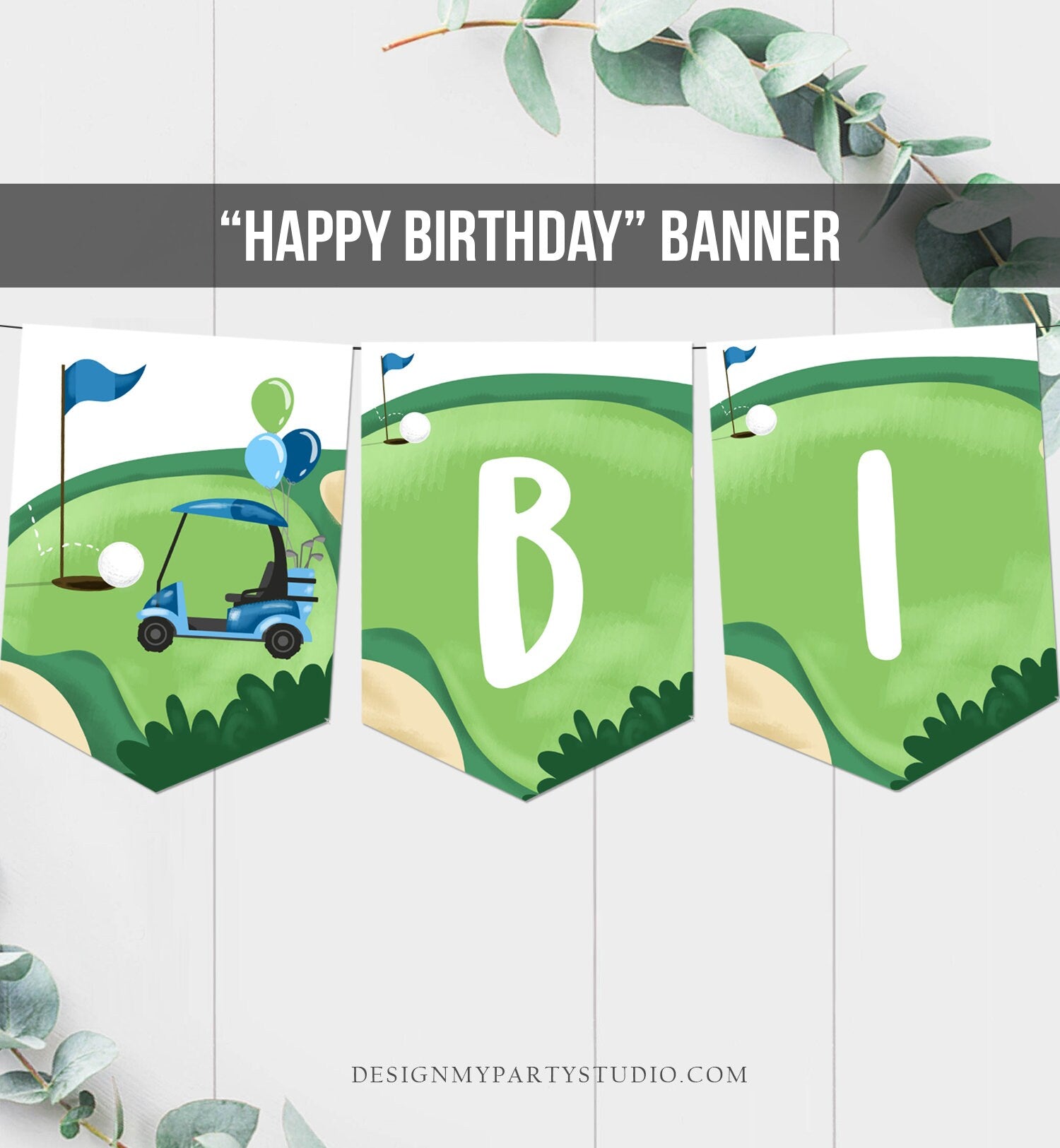 Golf Happy Birthday Banner Hole in One Banner Birthday Boy Blue Golfing Decorations Par-tee Instant download PRINTABLE DIGITAL DIY 0405