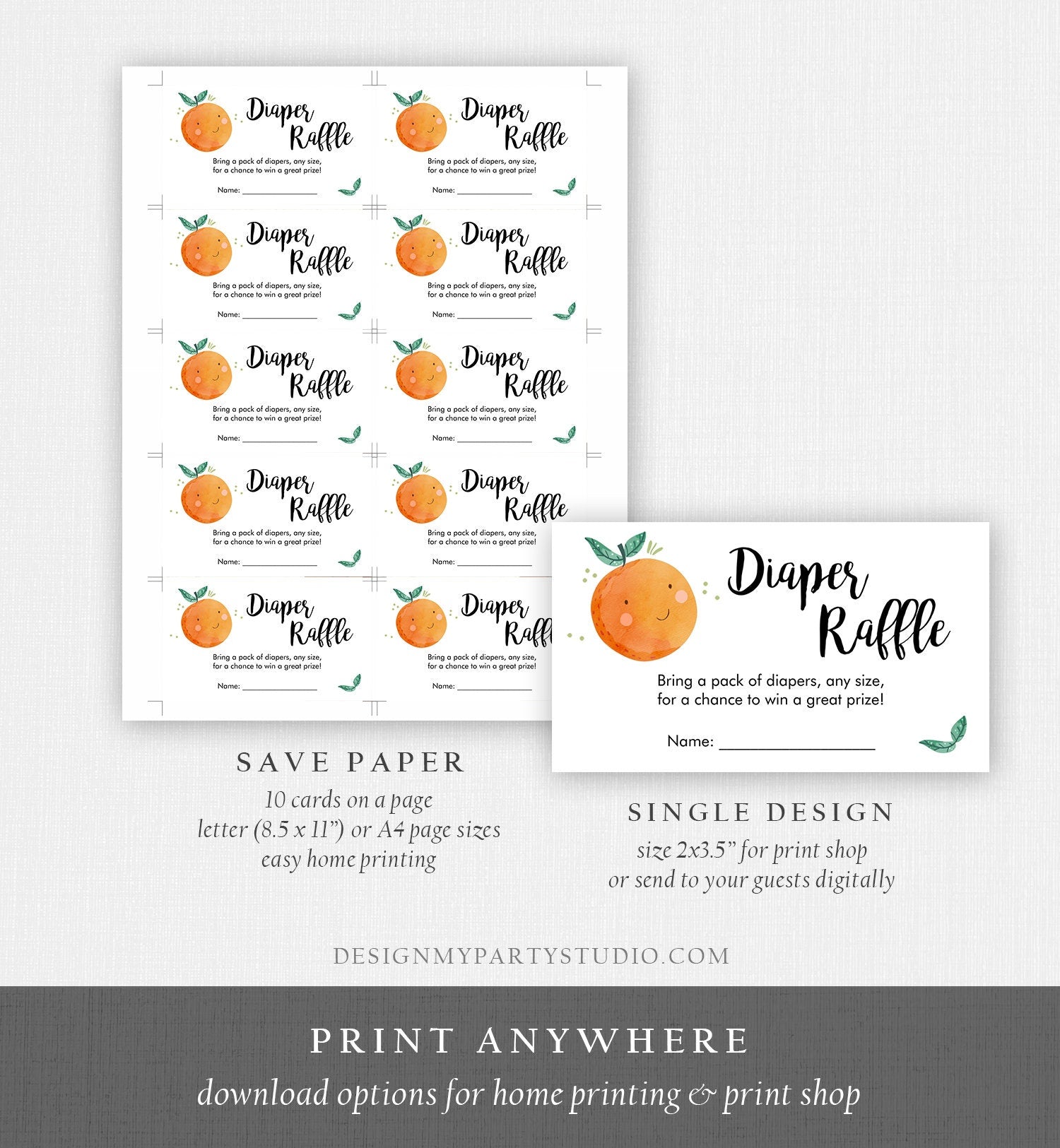 Editable Little Cutie Diaper Raffle Ticket Little Cutie Baby Shower Clementine Gender Neutral Greenery Template PRINTABLE Corjl 0330