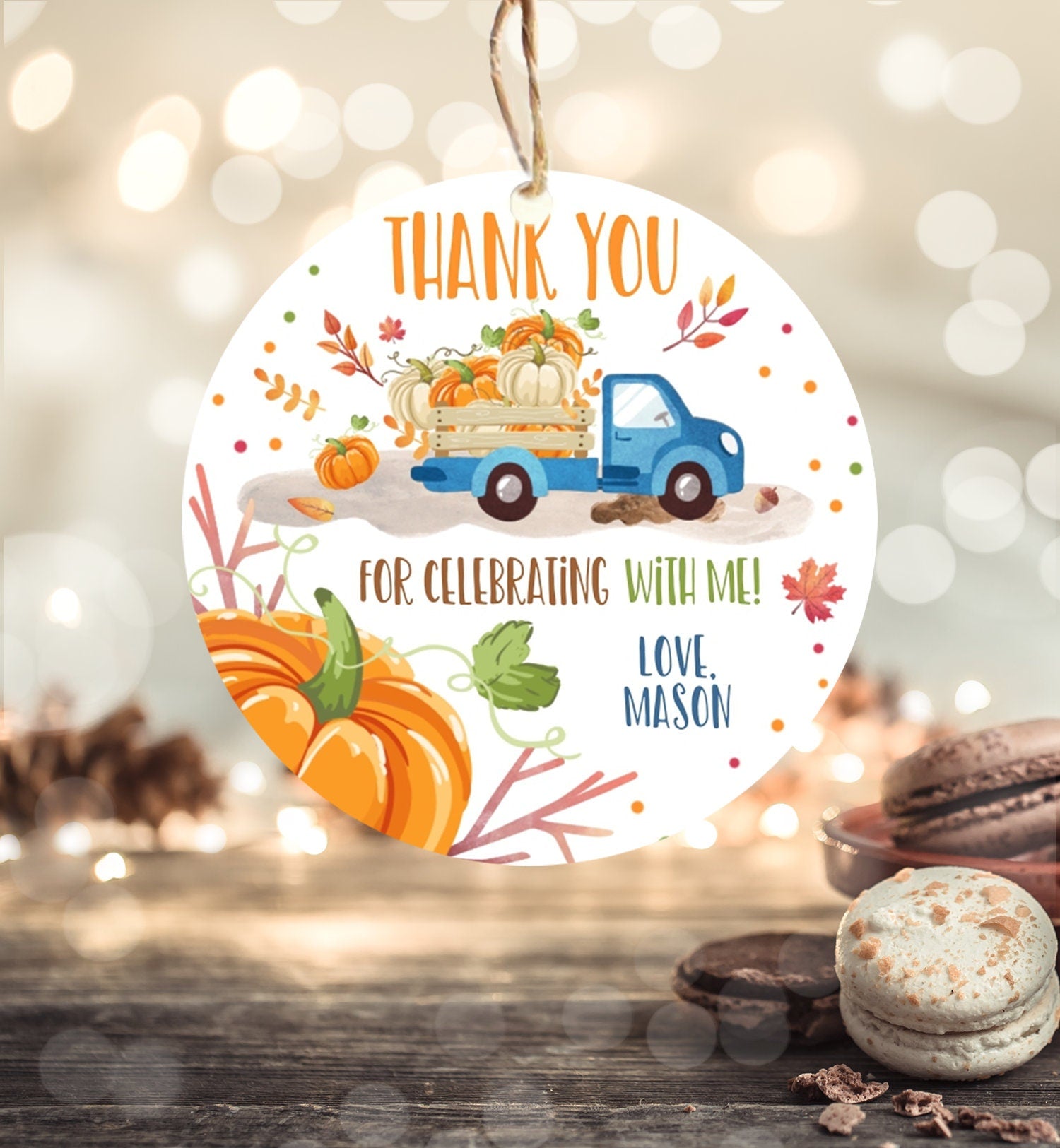 Editable Little Pumpkin Truck Favor Tag Boy Birthday Pumpkin Blue Truck Thank You Sticker Label Fall Autumn Corjl Template Printable 0153