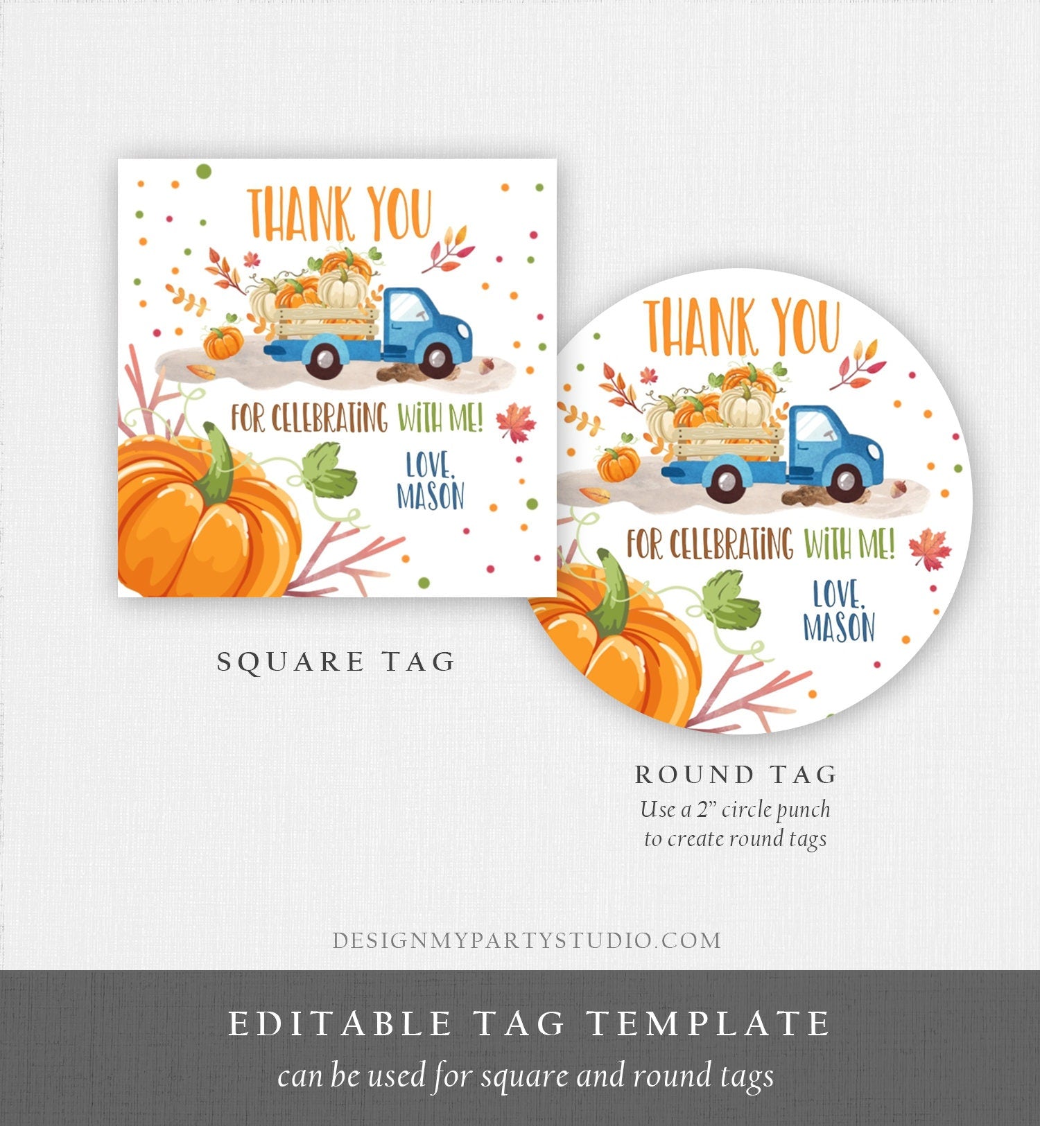 Editable Little Pumpkin Truck Favor Tag Boy Birthday Pumpkin Blue Truck Thank You Sticker Label Fall Autumn Corjl Template Printable 0153