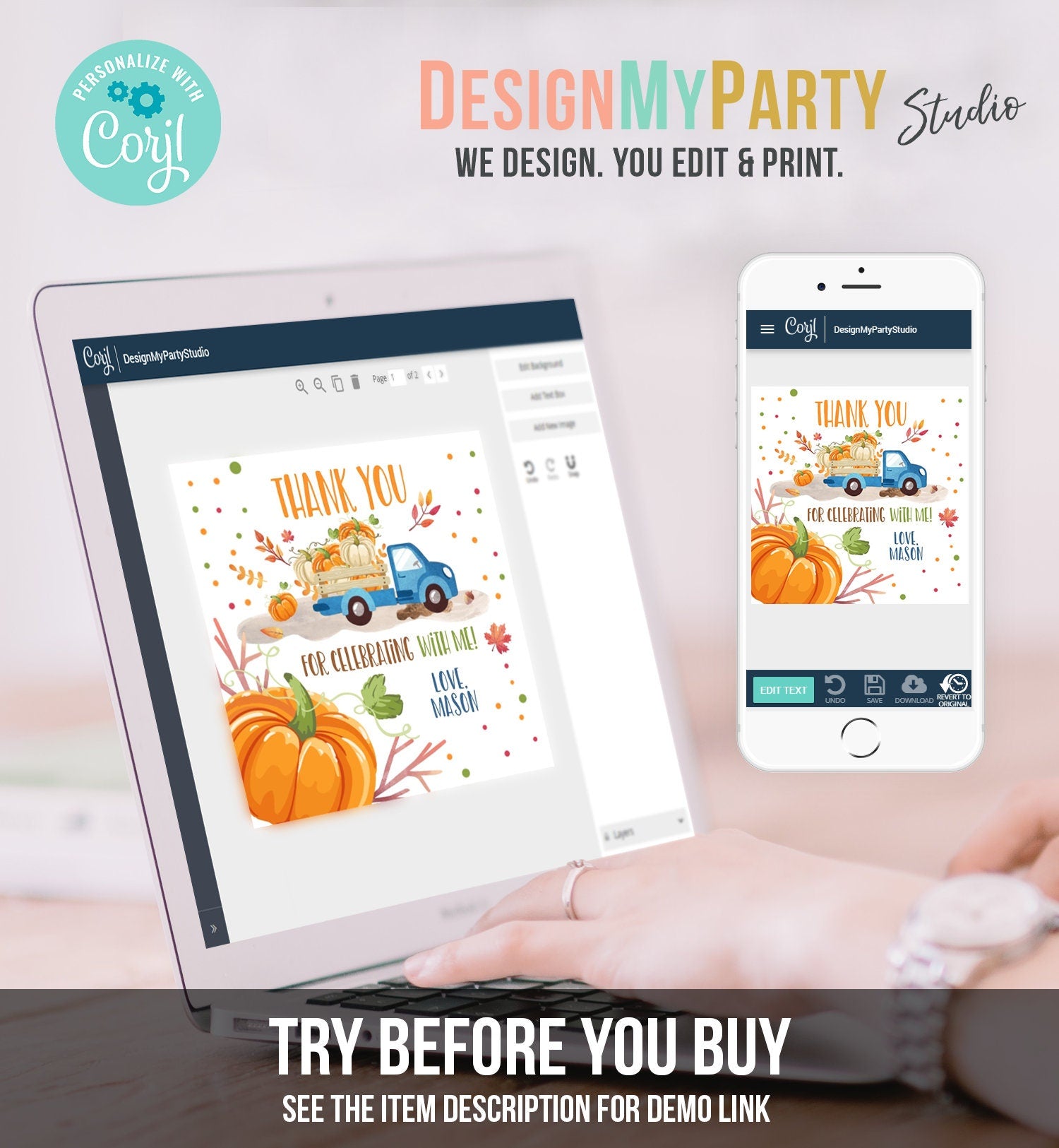 Editable Little Pumpkin Truck Favor Tag Boy Birthday Pumpkin Blue Truck Thank You Sticker Label Fall Autumn Corjl Template Printable 0153