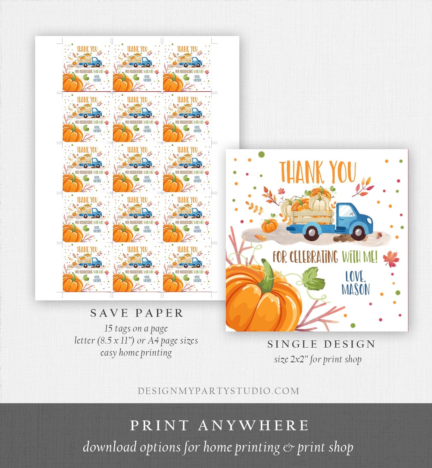 Editable Little Pumpkin Truck Favor Tag Boy Birthday Pumpkin Blue Truck Thank You Sticker Label Fall Autumn Corjl Template Printable 0153