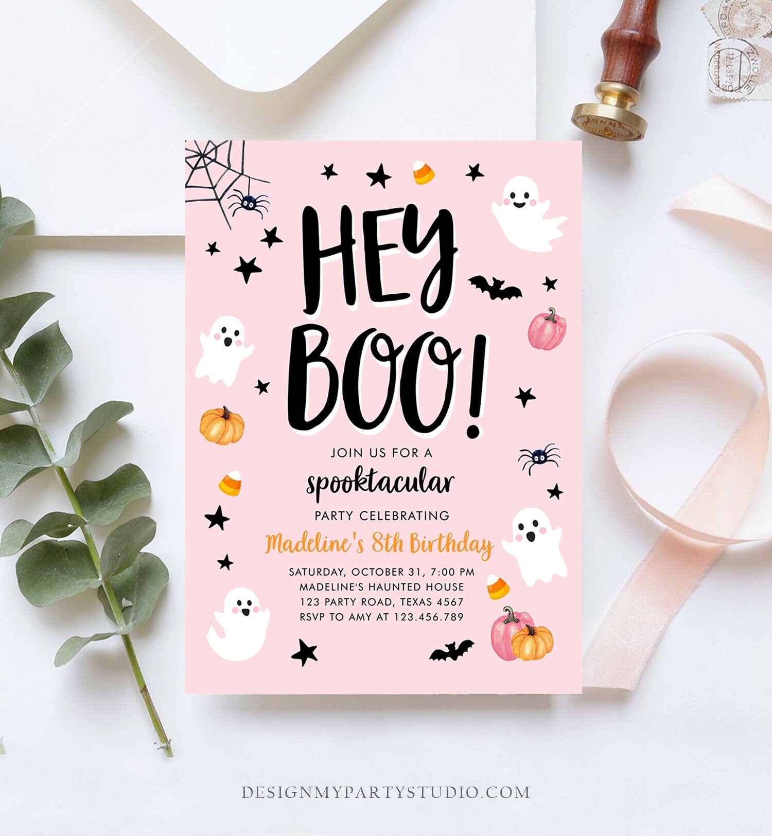 Editable Halloween Birthday Invitation Pink Ghost Costume Party Girl Pink Kids Spooktacular Spooky Hey Boo Printable Template Corjl 0418