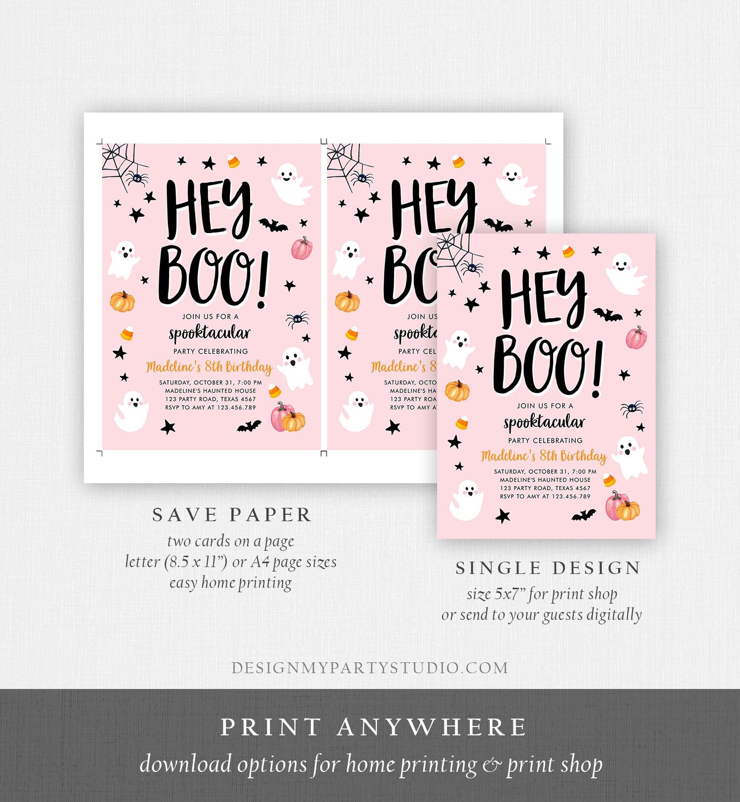 Editable Halloween Birthday Invitation Pink Ghost Costume Party Girl Pink Kids Spooktacular Spooky Hey Boo Printable Template Corjl 0418