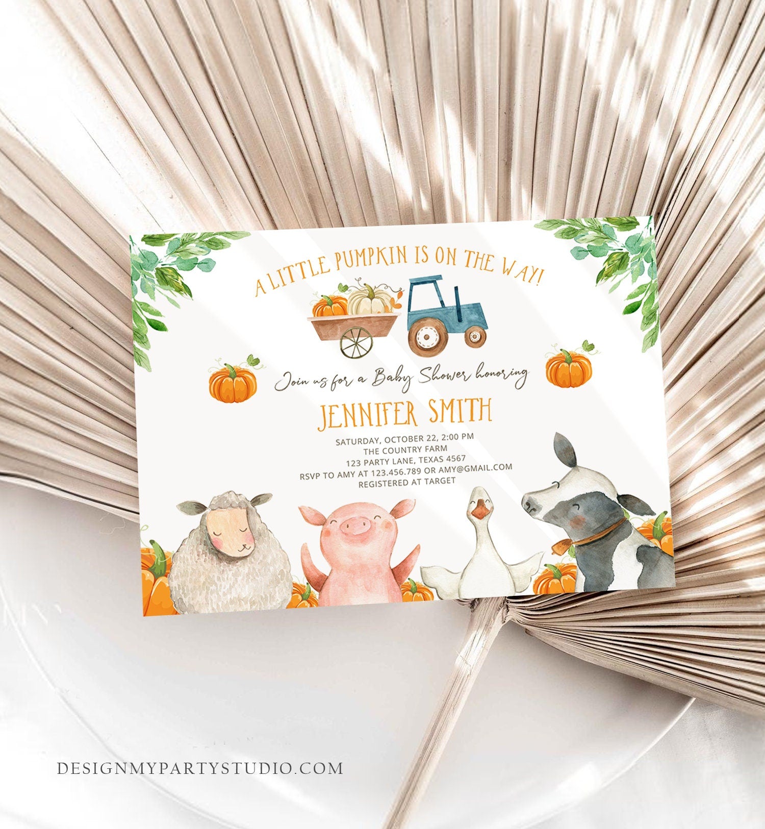 Editable Farm Baby Shower Invitation Pumpkin Gender Neutral Boy Farm Animals Barnyard Fall Digital Download Evite Template Printable 0155