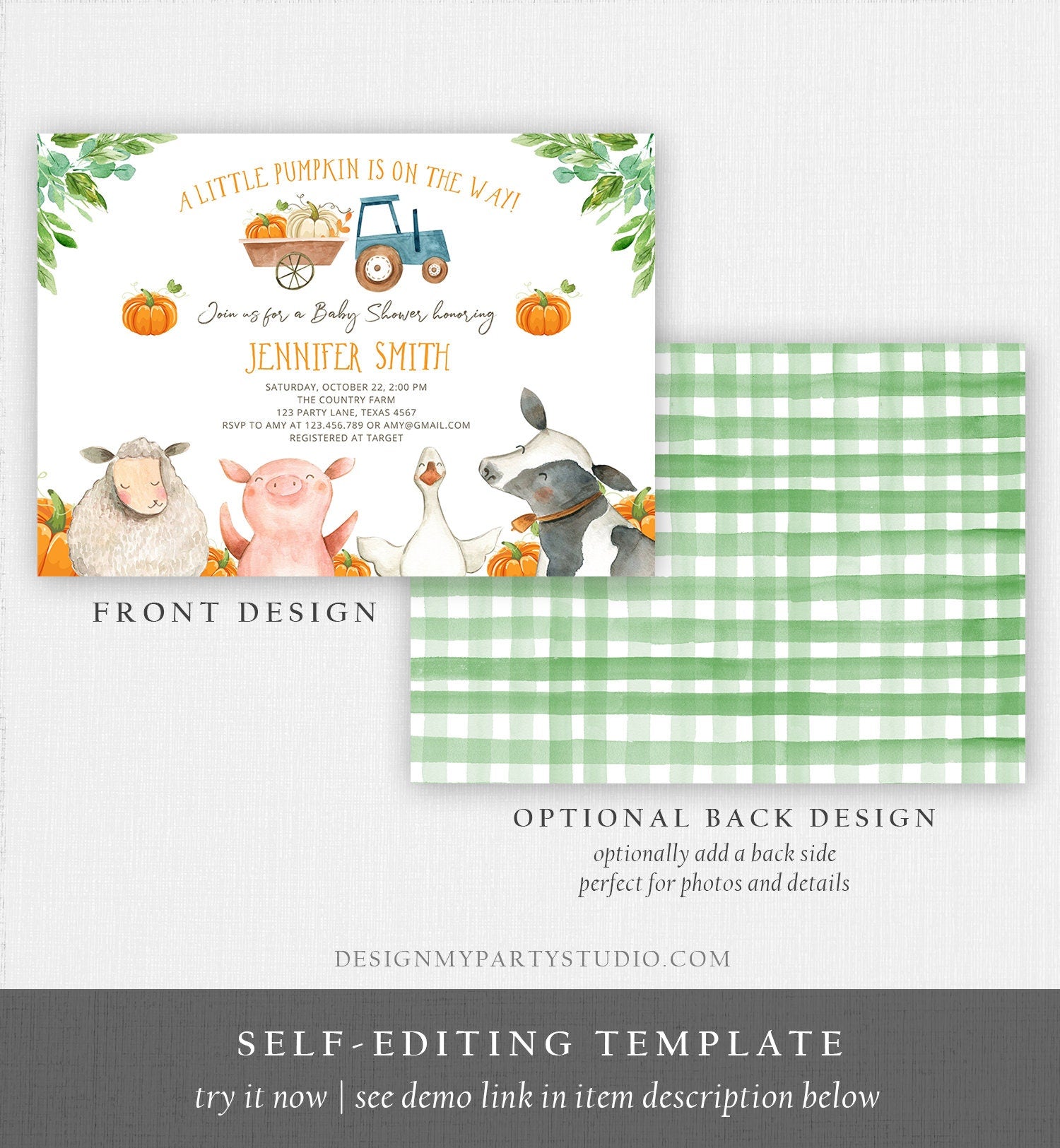 Editable Farm Baby Shower Invitation Pumpkin Gender Neutral Boy Farm Animals Barnyard Fall Digital Download Evite Template Printable 0155