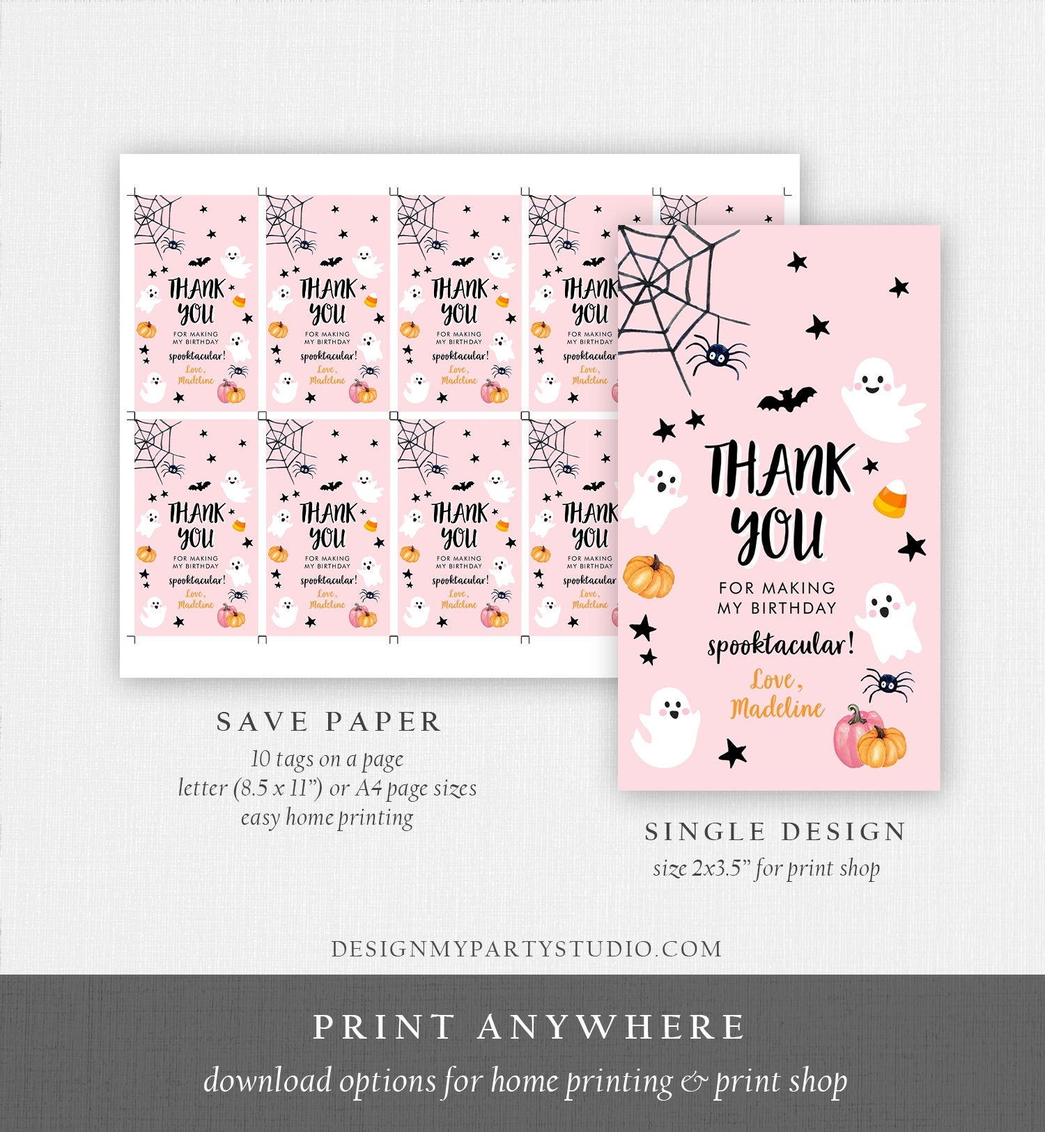 Editable Halloween Birthday Thank You Favor Tags Costume Party Girl Pink Spooktacular Ghost Party Download Printable Template Corjl 0418