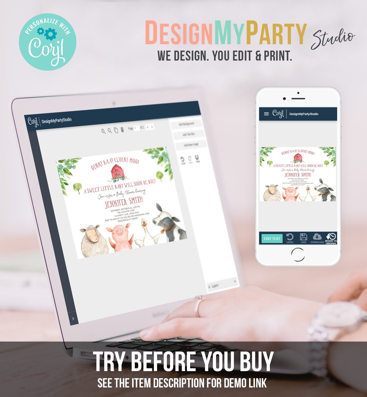 Editable Farm Animals Baby Shower Invitation Party Animals Boy Red Barn Barnyard Watercolor Digital Download Evite Template Printable 0155