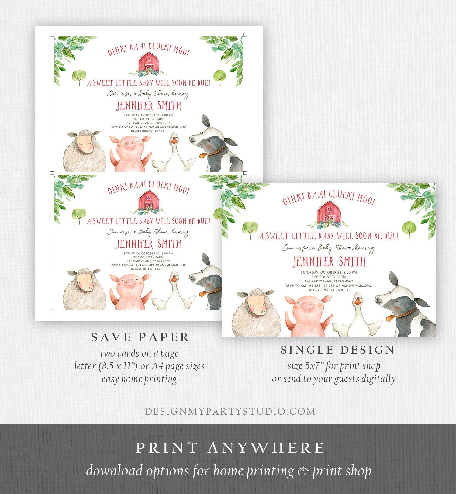 Editable Farm Animals Baby Shower Invitation Party Animals Boy Red Barn Barnyard Watercolor Digital Download Evite Template Printable 0155