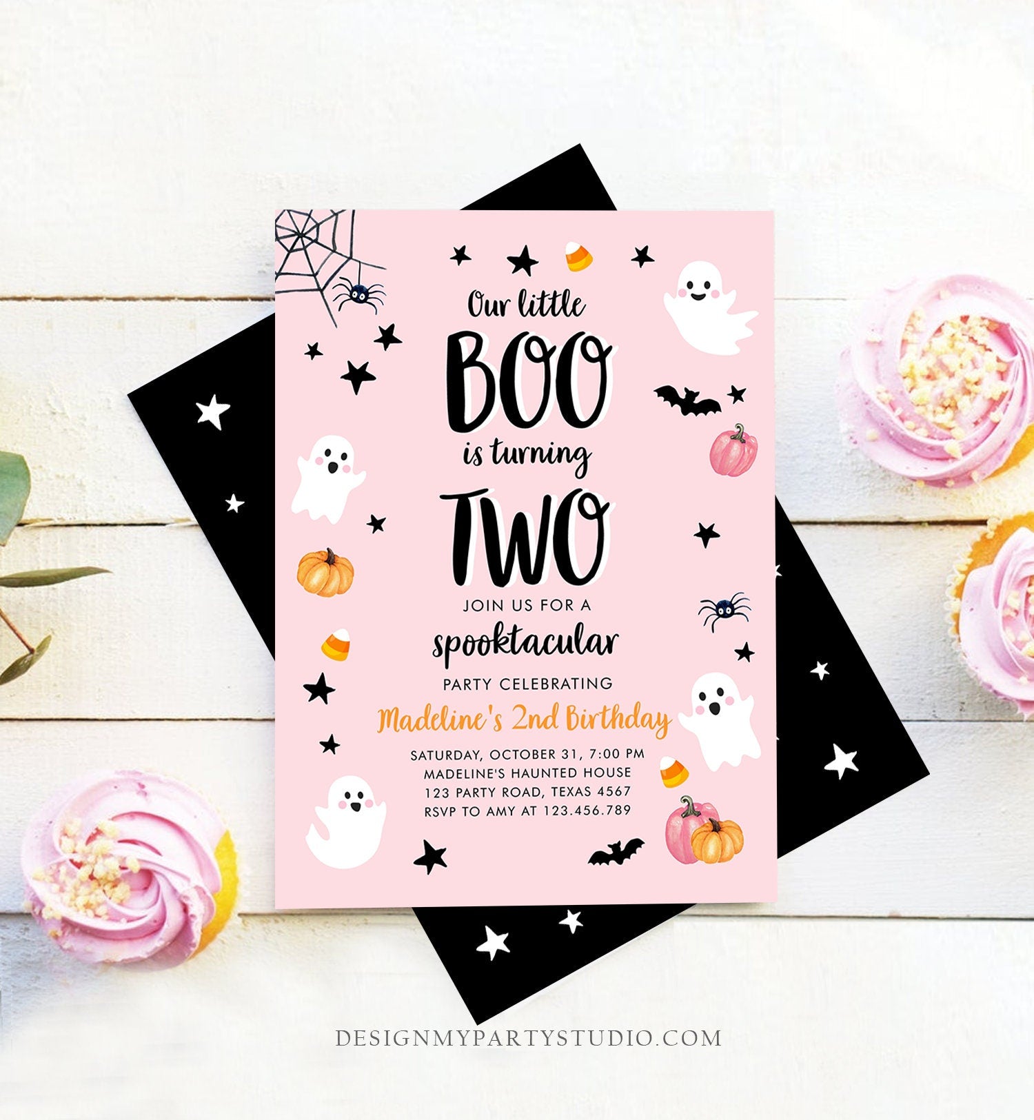 Editable Halloween 2nd Birthday Invitation Pink Ghost Costume Party Girl Pink Boo Spooktacular Spooky Download Printable Template Corjl 0418