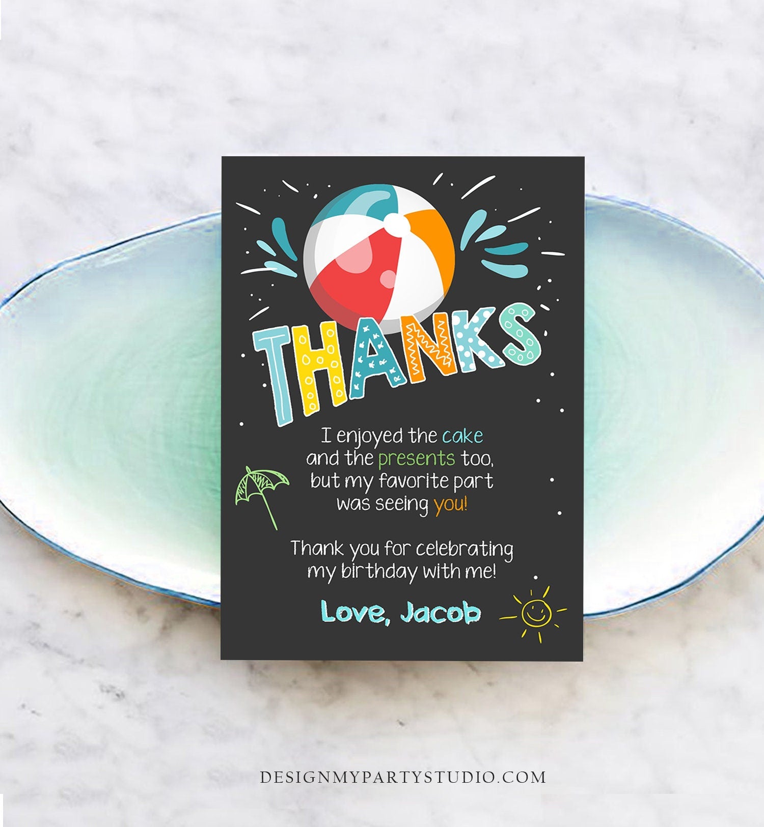 Editable Splish Splash Pool Party Thank You Card Birthday Pool Party Boy Beach Thank You Note Blue Template Instant Download Corjl 0169