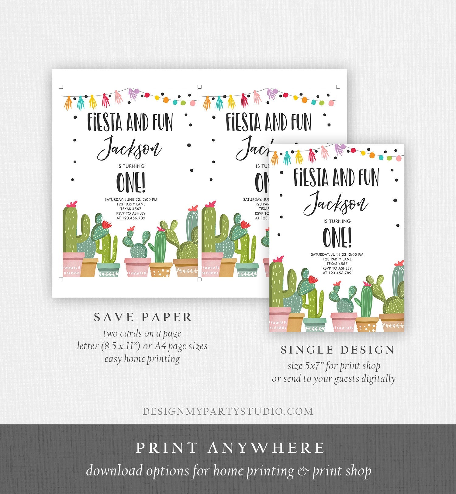 Editable Fiesta and Fun Birthday Invitation Boy First Fiesta Cactus Mexican Party Instant Download Printable Invitation Template Corjl 0254