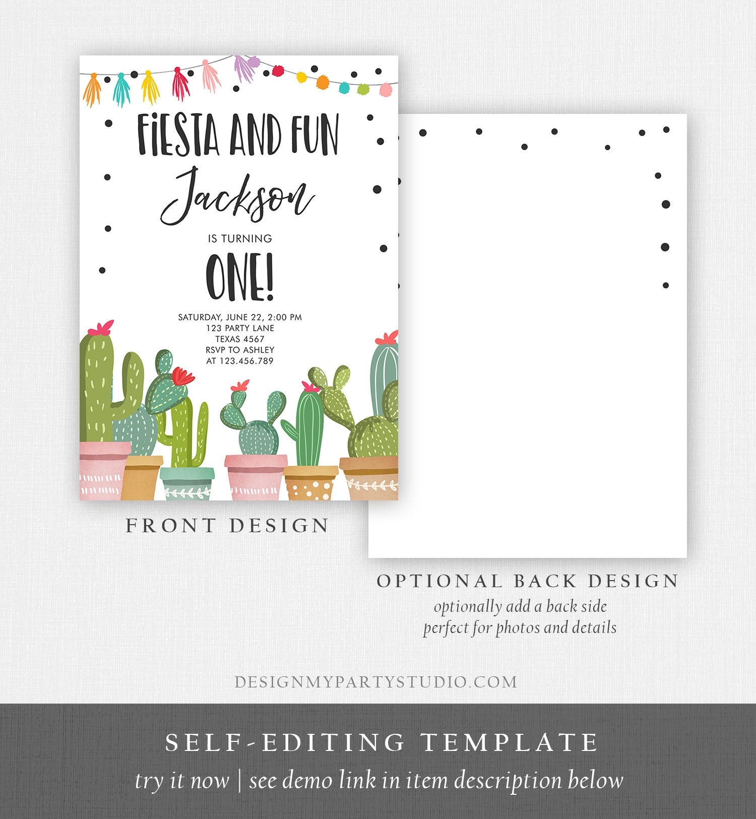 Editable Fiesta and Fun Birthday Invitation Boy First Fiesta Cactus Mexican Party Instant Download Printable Invitation Template Corjl 0254