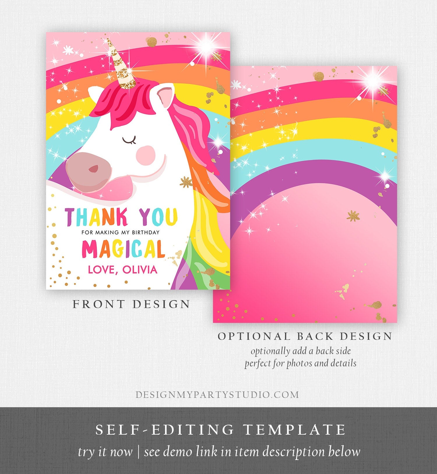 Editable Unicorn Thank You Card Magical Birthday Party Rainbow Thank You Note Pink Gold Girl Unicorn Printable Template Digital 0323