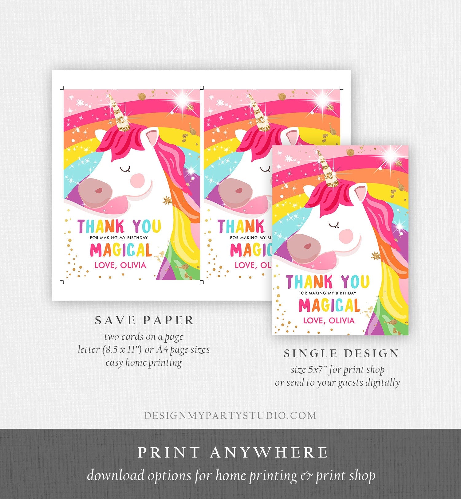 Editable Unicorn Thank You Card Magical Birthday Party Rainbow Thank You Note Pink Gold Girl Unicorn Printable Template Digital 0323