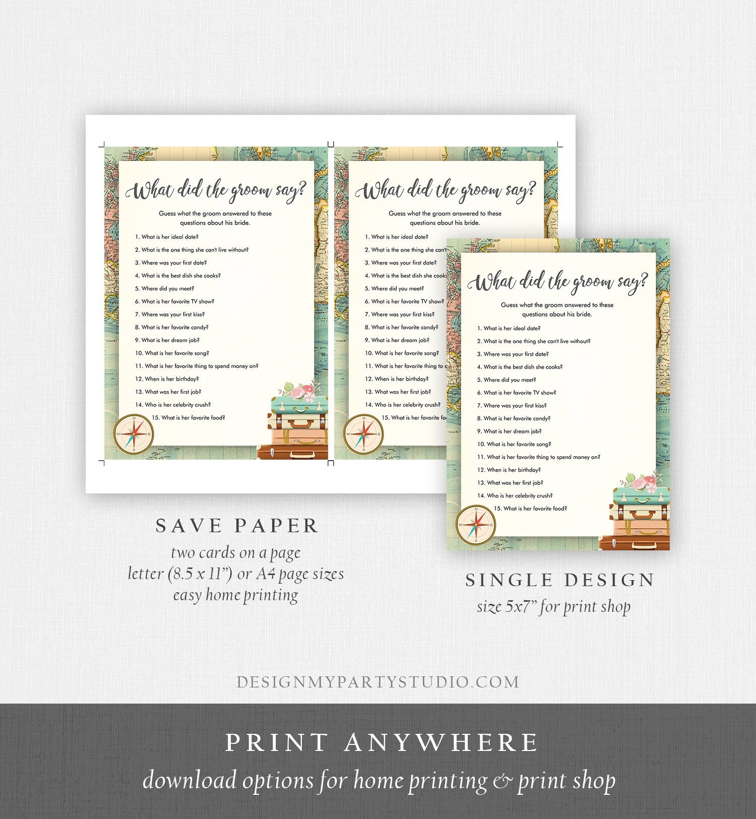 Editable What Did the Groom Say Bridal Shower Game Travel Wedding Shower Activity Rustic Vintage Map Party Corjl Template Printable 0044