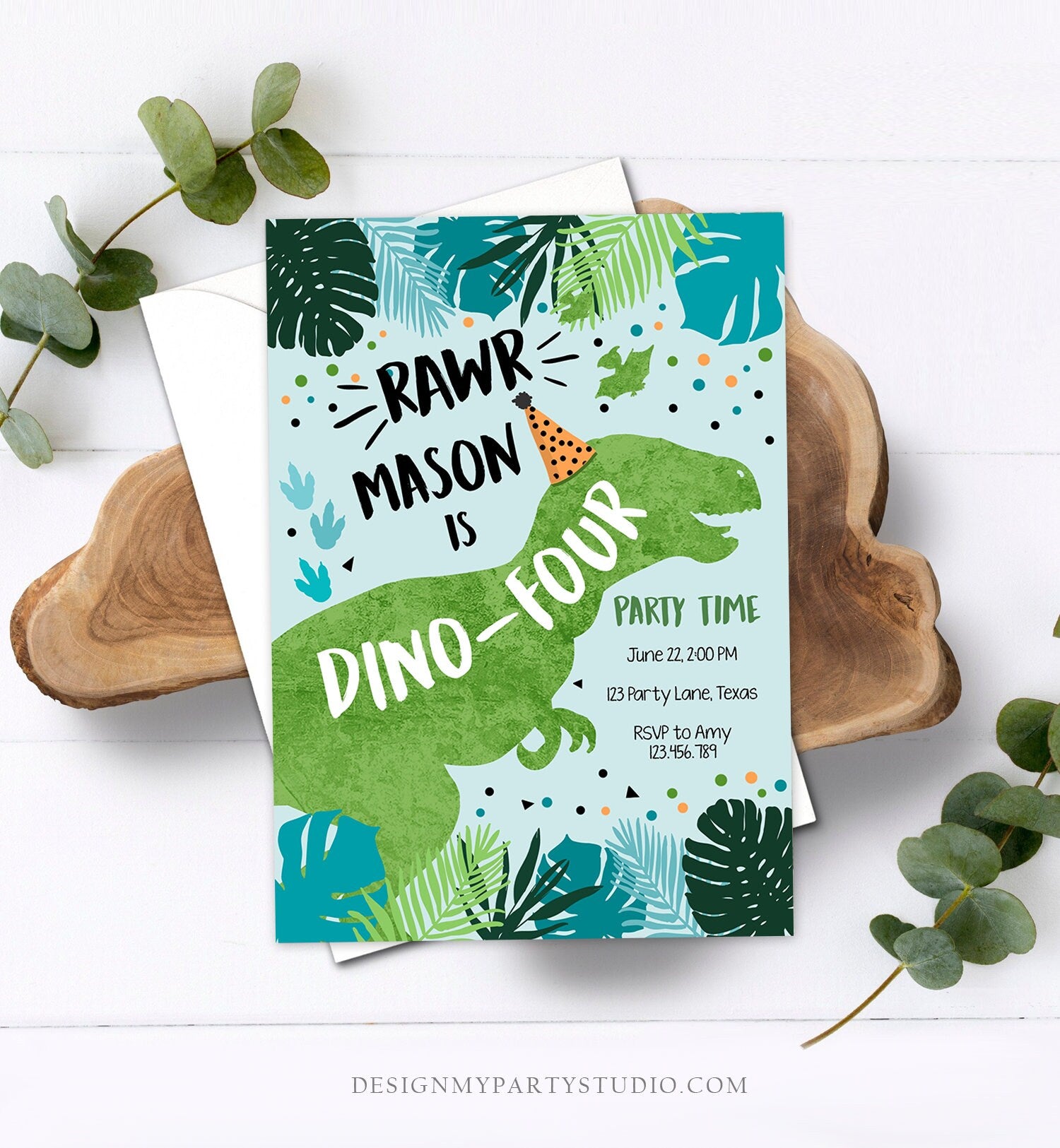 Editable Dino-Four Dinosaur Birthday Invitation Dino T-Rex 4th Birthday Fourth Rawr Boy Green Blue Prehistoric Printable Corjl Template 0389