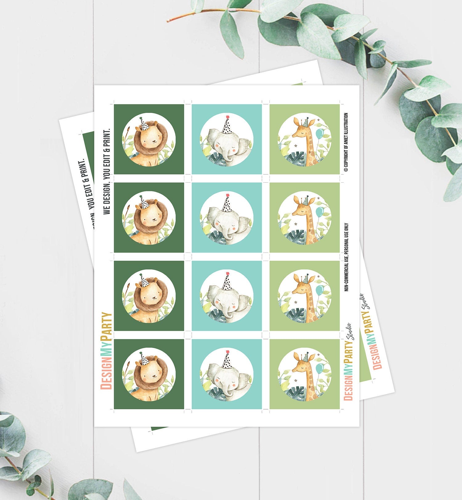 Safari Animals Cupcake Toppers Favor Tags Birthday Party Decoration Boy Animal Wild One Stickers Jungle Watercolor Digital Printable 0163