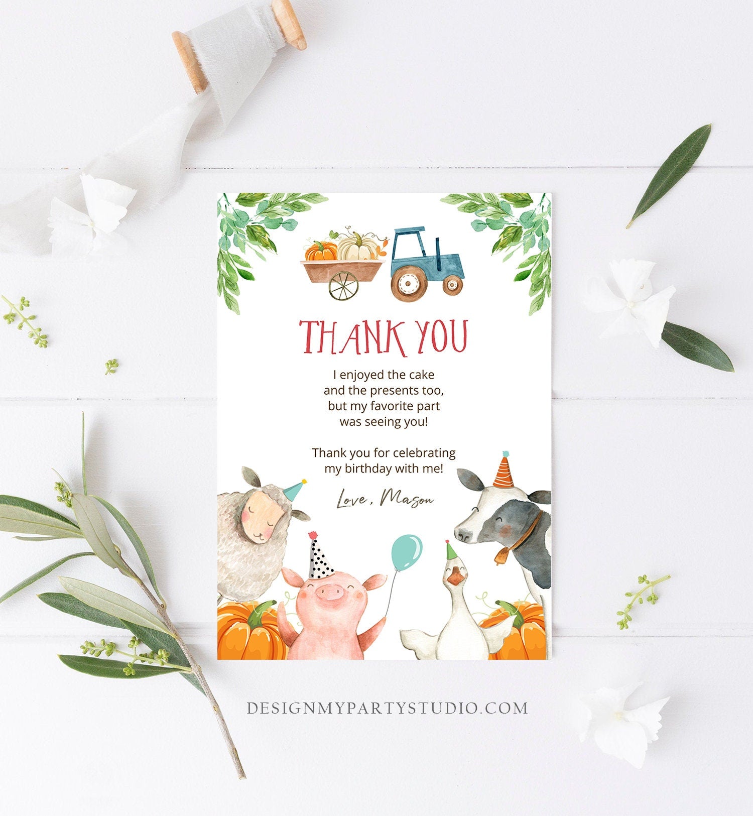 Editable Farm Animals Thank You Card Pumpkin Boy Red Gingham Farm Birthday Barnyard Thank You Fall Autumn Digital Template Printable 0155