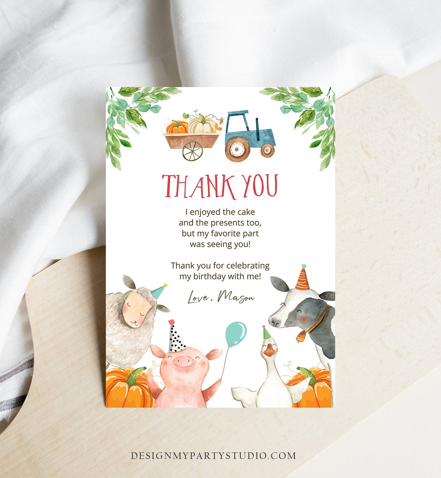 Editable Farm Animals Thank You Card Pumpkin Boy Red Gingham Farm Birthday Barnyard Thank You Fall Autumn Digital Template Printable 0155