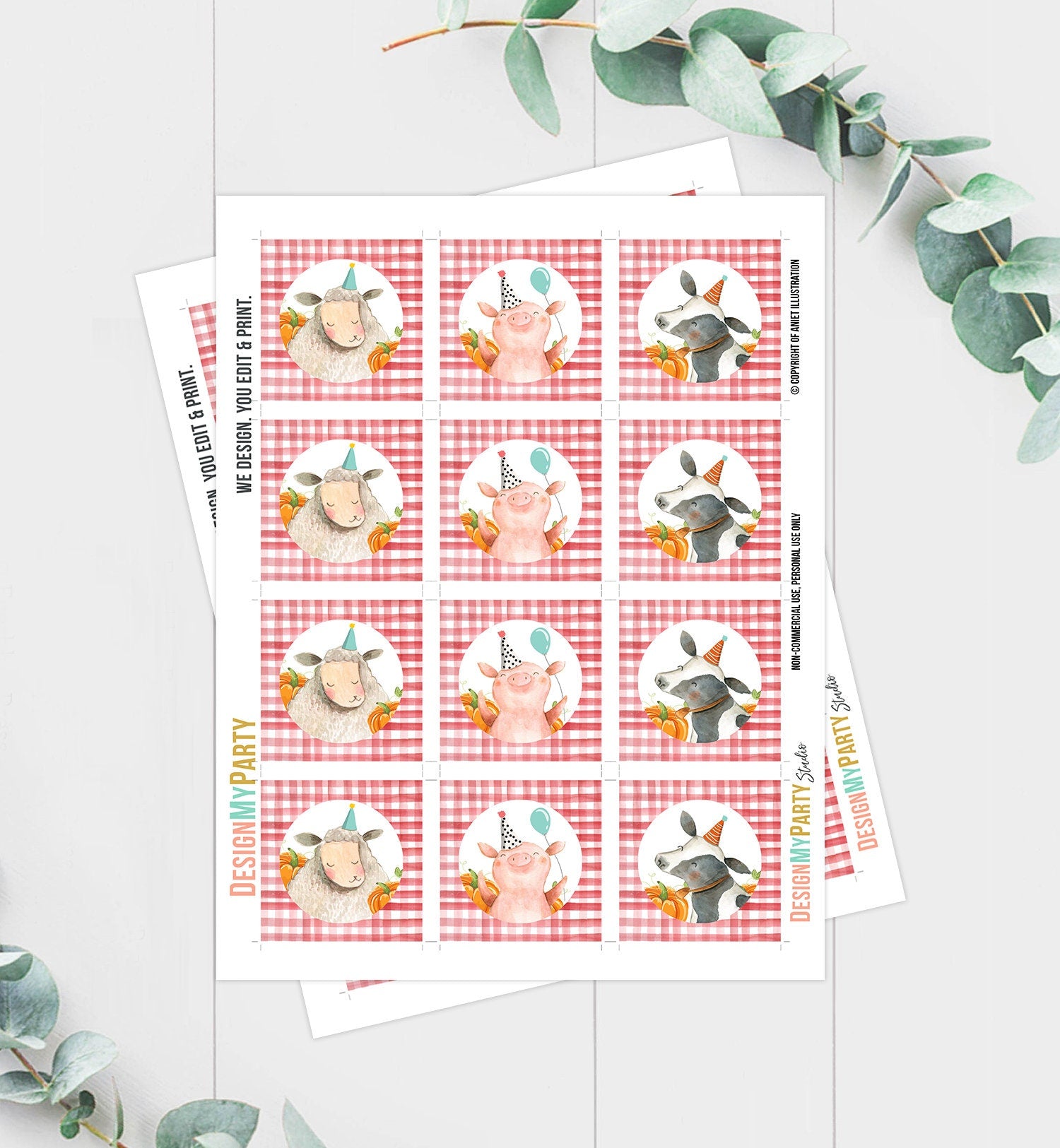 Pumpkin Farm Animals Birthday Cupcake Toppers Favor Tags Farm Birthday Party Decor Boy Barnyard Red Gingham Stickers Digital PRINTABLE 0155