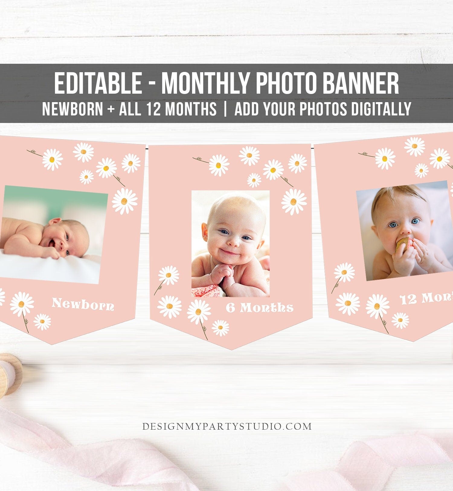 Editable Daisy First Birthday Banner Daisy Monthly Photo Banner Pink Girl Miss Onederful Floral Boho ONE 1st Corjl Template Printable 0410