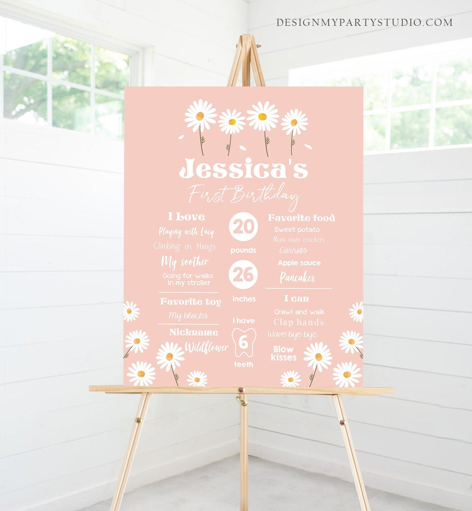 Editable Daisy Milestone Poster Daisy Birthday Milestones Sign Girl Floral Boho Daisies 1st Birthday Stats Template Printable Corjl 0410