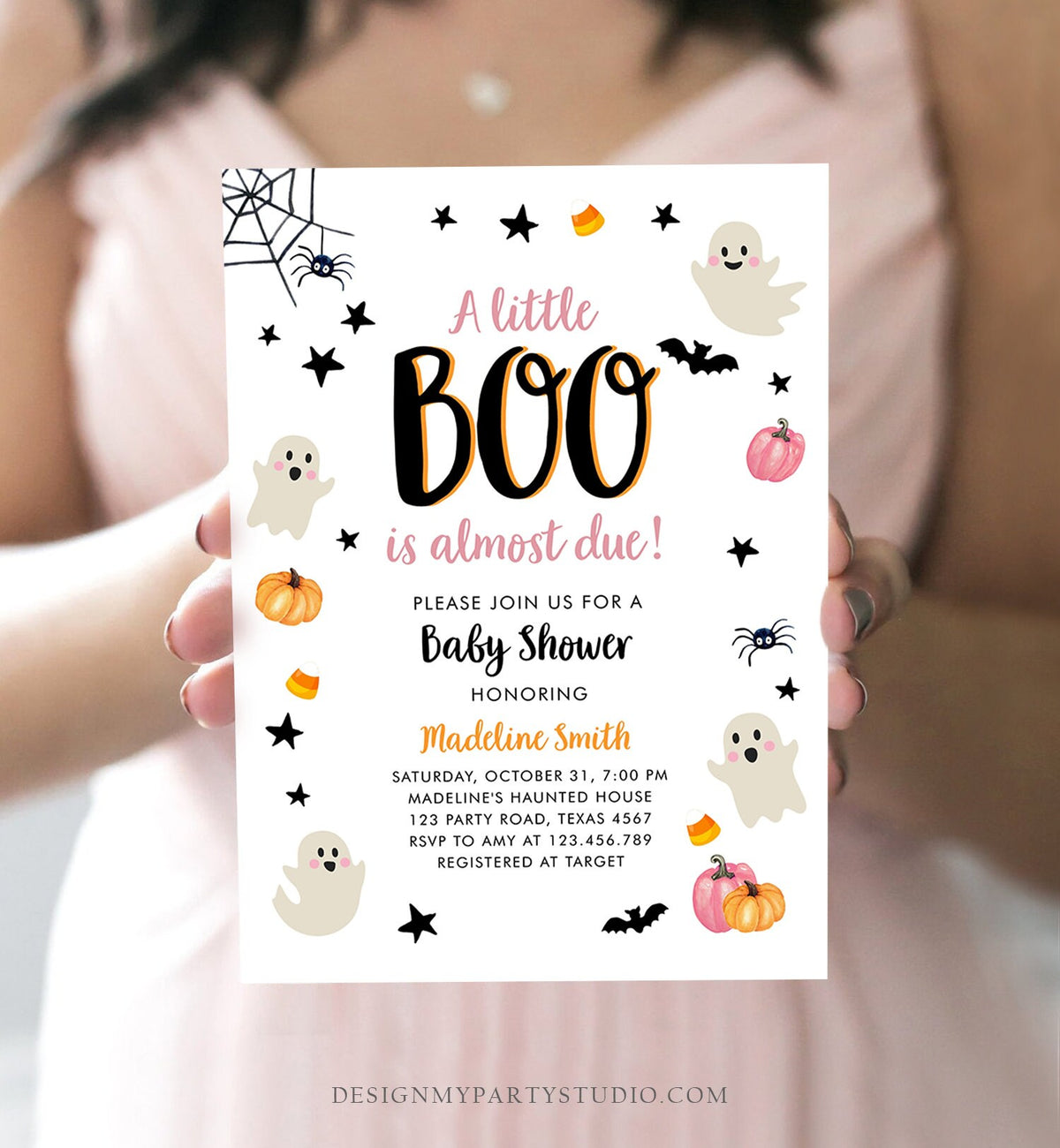 Editable Little Boo Baby Shower Invitation Cute Halloween Baby Shower Couples Shower Pink Ghost Girl Digital Evite Template Printable 0418