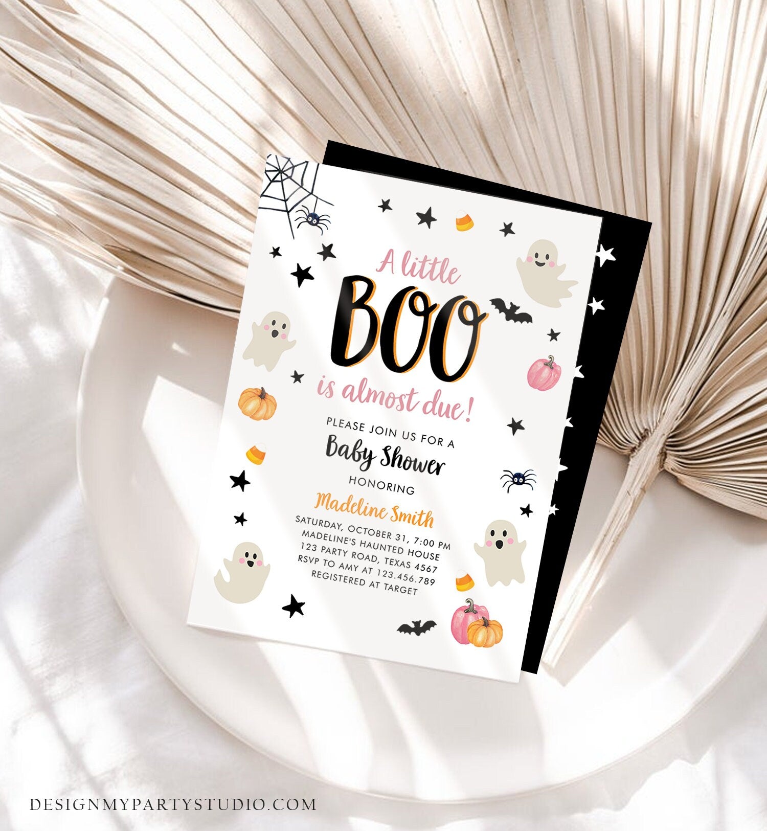 Editable Little Boo Baby Shower Invitation Cute Halloween Baby Shower Couples Shower Pink Ghost Girl Digital Evite Template Printable 0418