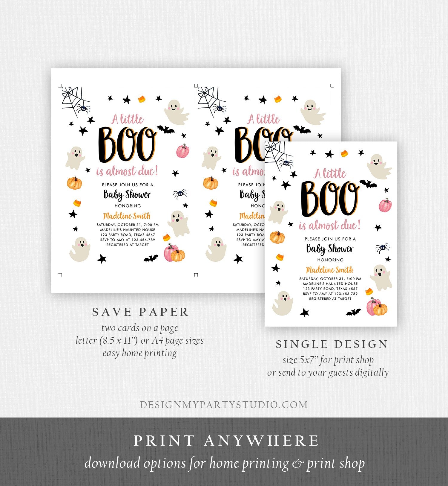 Editable Little Boo Baby Shower Invitation Cute Halloween Baby Shower Couples Shower Pink Ghost Girl Digital Evite Template Printable 0418